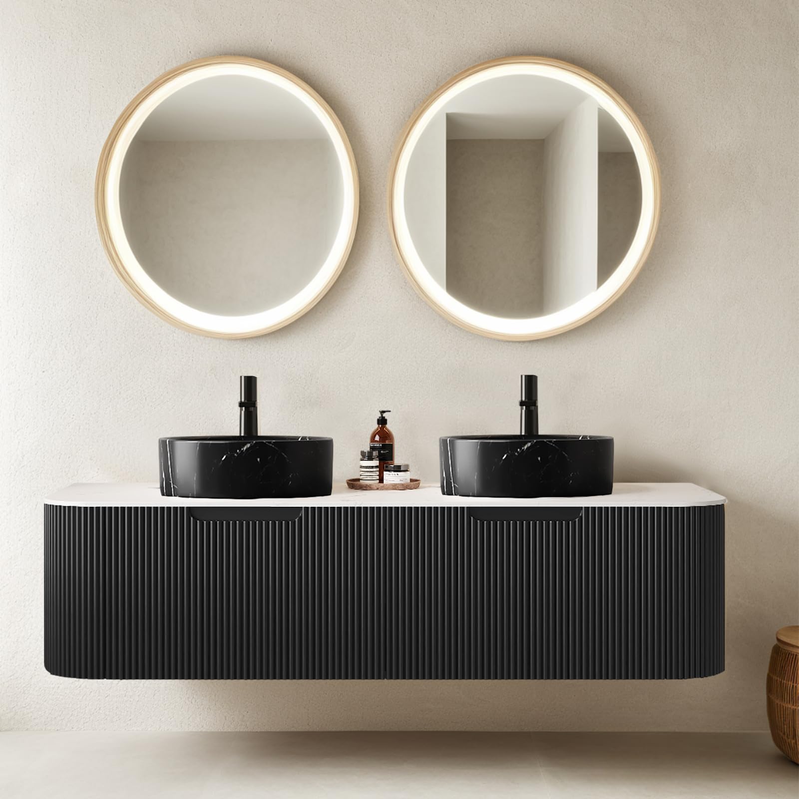 24-Inch Modern Bathroom Vanity with Sink, Floating Cabinet with Ultra-Thin Ceramic Basin and Marble Top, Extra Large Storage Drawer, Soft-Close Design, Nature Wood