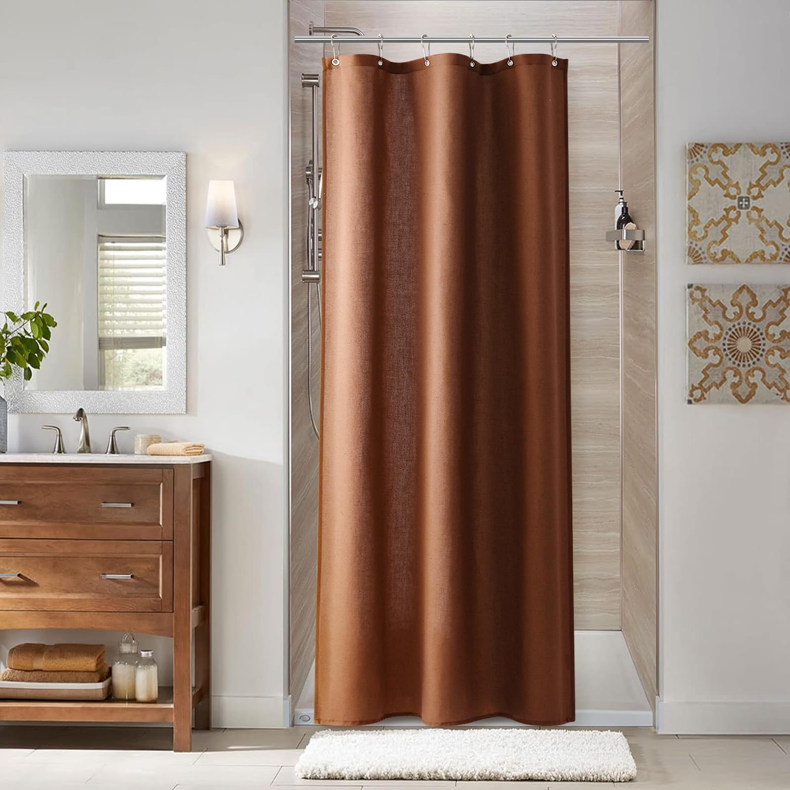 Naturoom Natural Linen Shower Curtain, Country Boho Farmhouse Bath Decor Beige Shower Curtains for Bathroom Neutral Cloth Weighted Textured Fabric Bath Curtain Liner with Hooks, Cream, 72 Inch