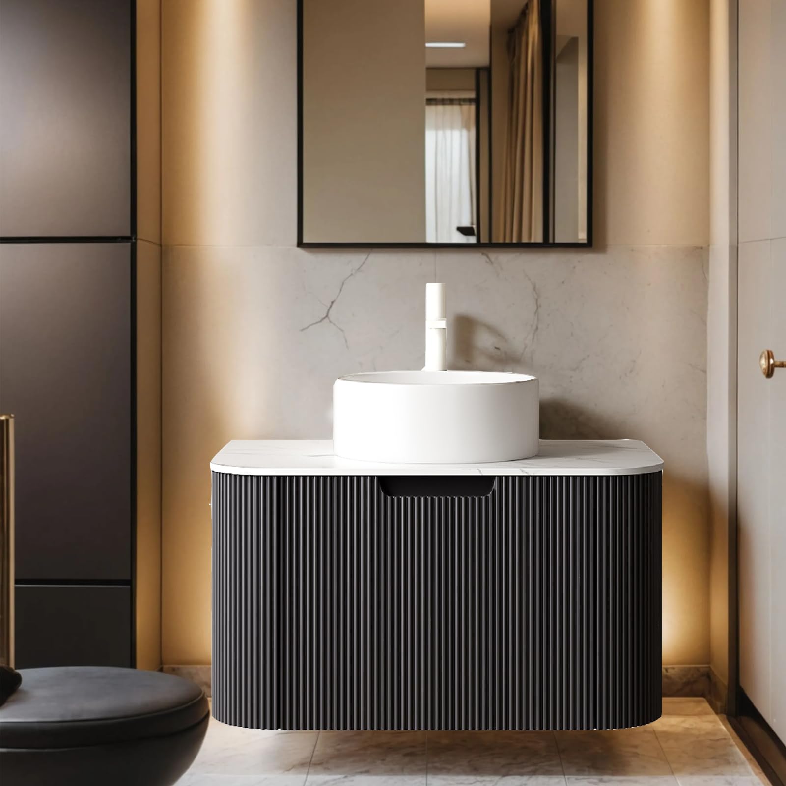 24-Inch Modern Bathroom Vanity with Sink, Floating Cabinet with Ultra-Thin Ceramic Basin and Marble Top, Extra Large Storage Drawer, Soft-Close Design, Nature Wood