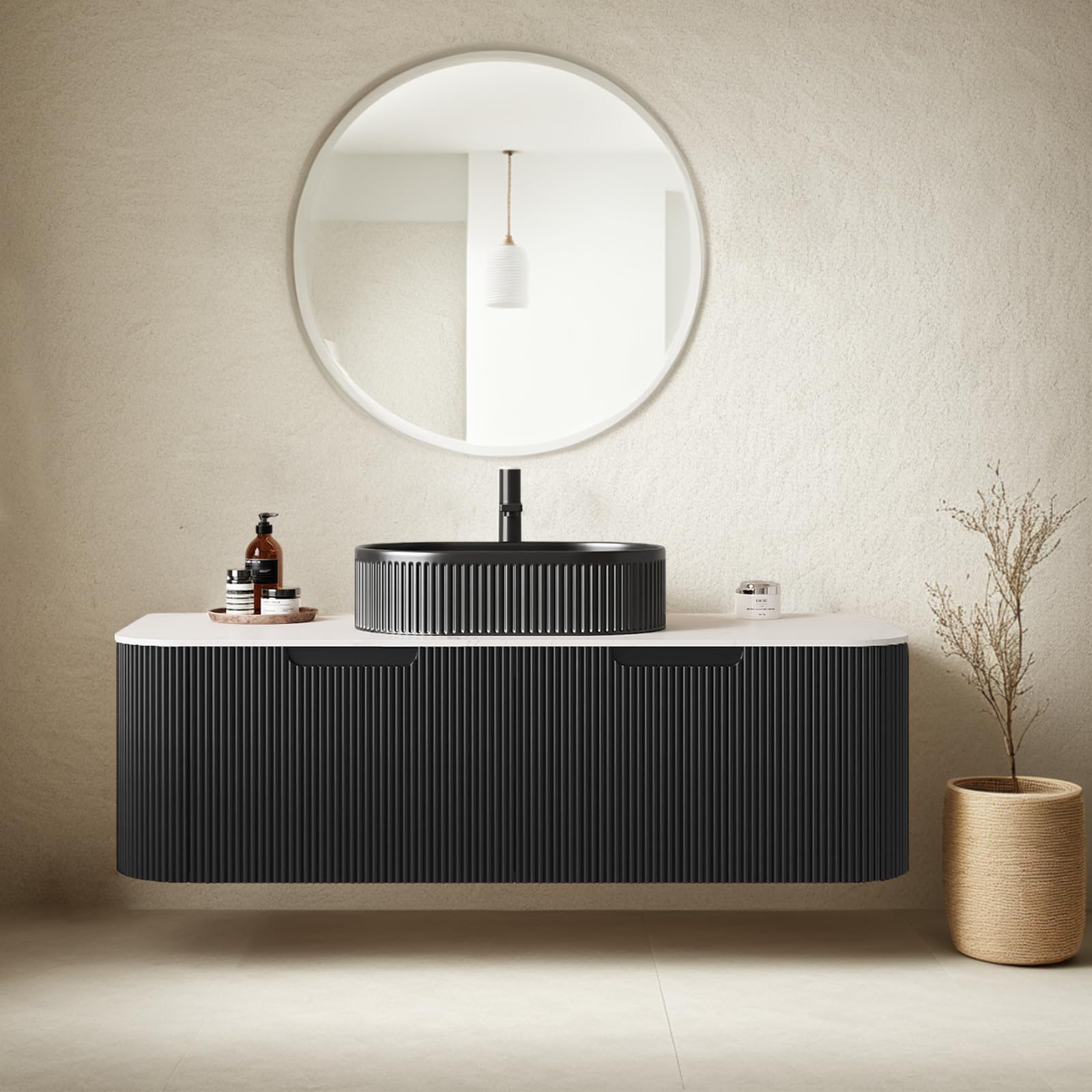 24-Inch Modern Bathroom Vanity with Sink, Floating Cabinet with Ultra-Thin Ceramic Basin and Marble Top, Extra Large Storage Drawer, Soft-Close Design, Nature Wood