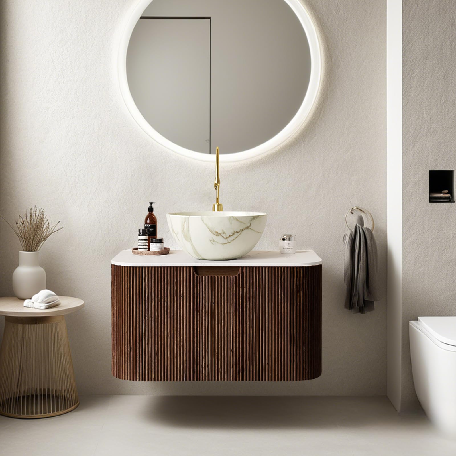 24-Inch Modern Bathroom Vanity with Sink, Floating Cabinet with Ultra-Thin Ceramic Basin and Marble Top, Extra Large Storage Drawer, Soft-Close Design, Nature Wood