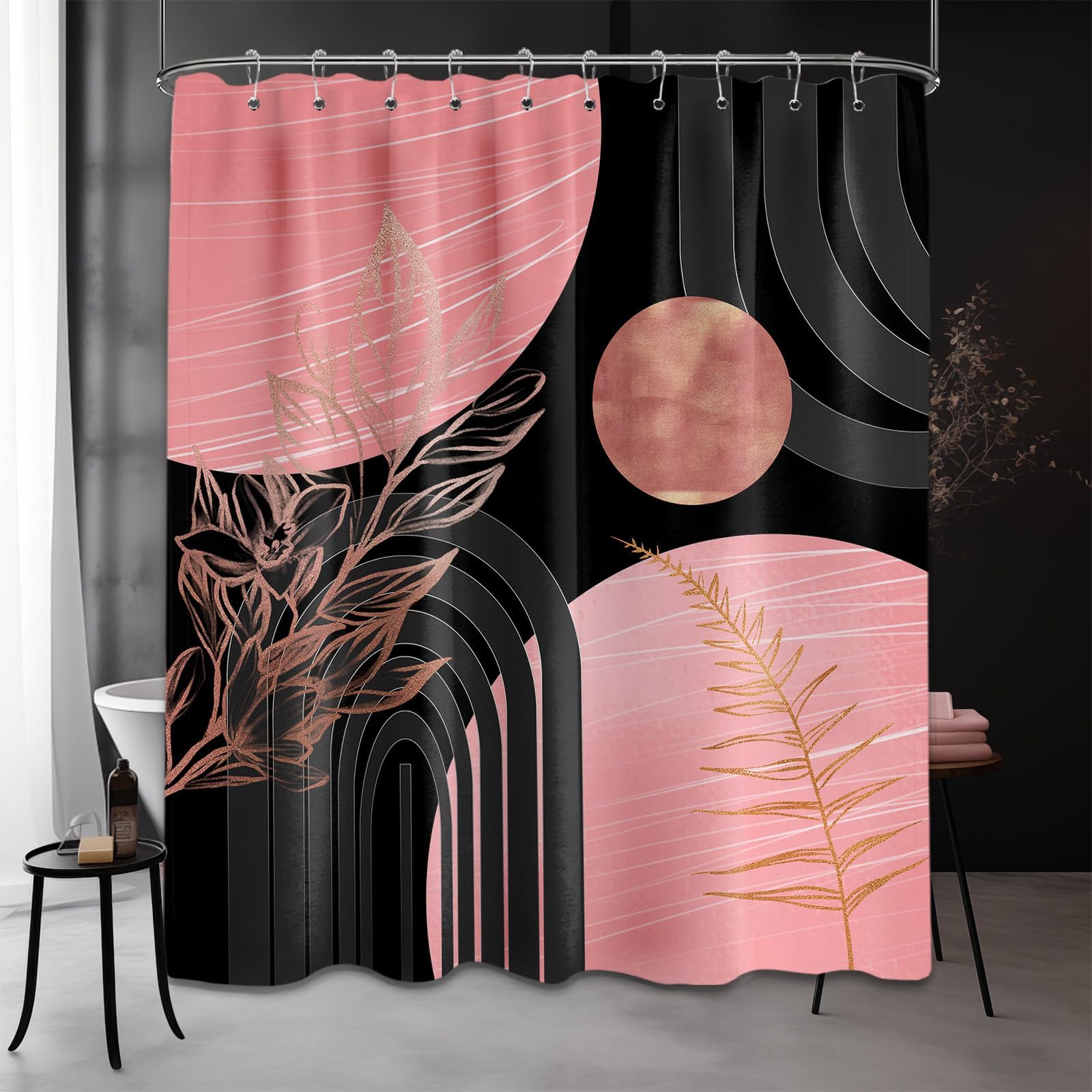 Mid Century Modern Black and Brown Shower Curtain Boho Beige and Dark Tan Gold Shower Curtains for Mens Bathroom Decor Sets, Waterproof Cloth Fabric with Hooks, 70x72in