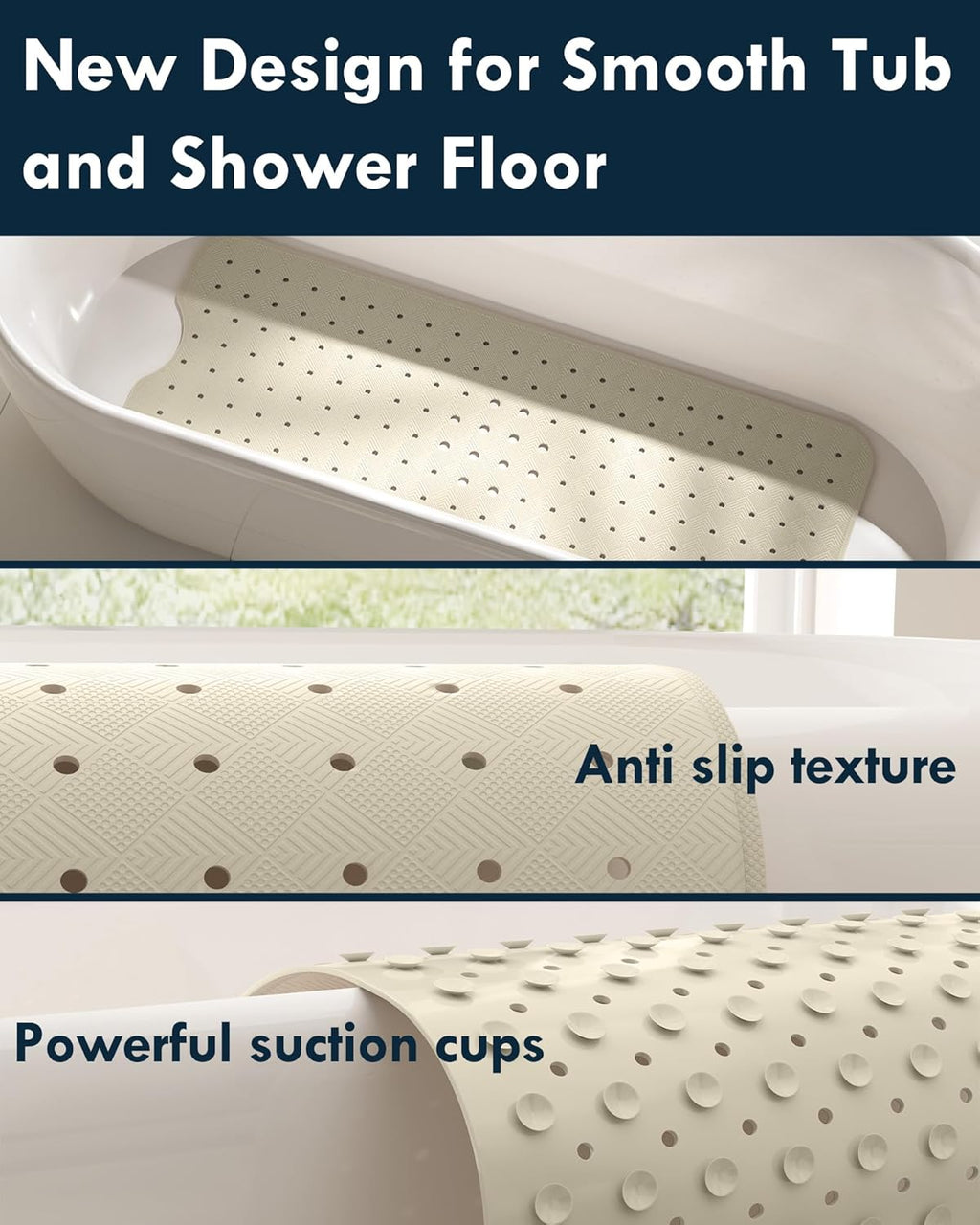 Bathtub Mat Non Slip with 2 Hooks, 40"x16" Extra Large Bath mat for Tub & Shower, Anti Slip, Machine Washable, Soft & Comfortable for Families, Sand