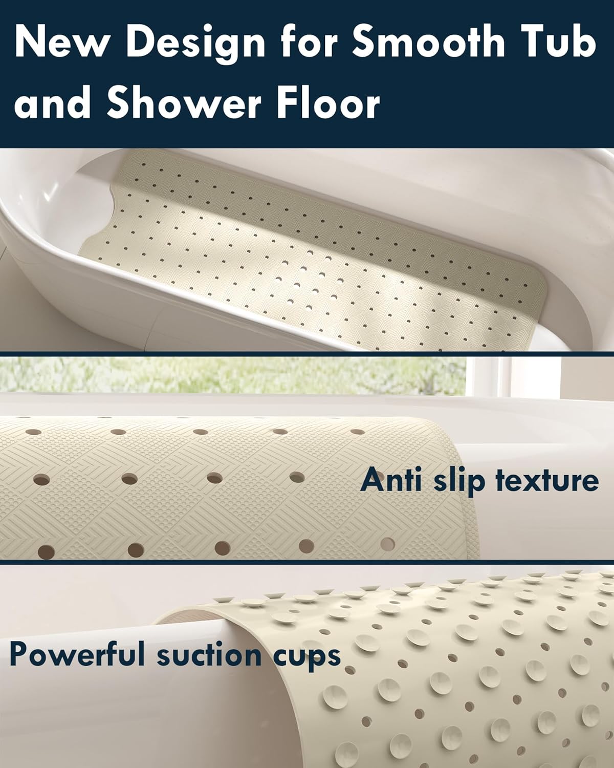 Bathtub Mat Non Slip with 2 Hooks, 40"x16" Extra Large Bath mat for Tub & Shower, Anti Slip, Machine Washable, Soft & Comfortable for Families, Sand