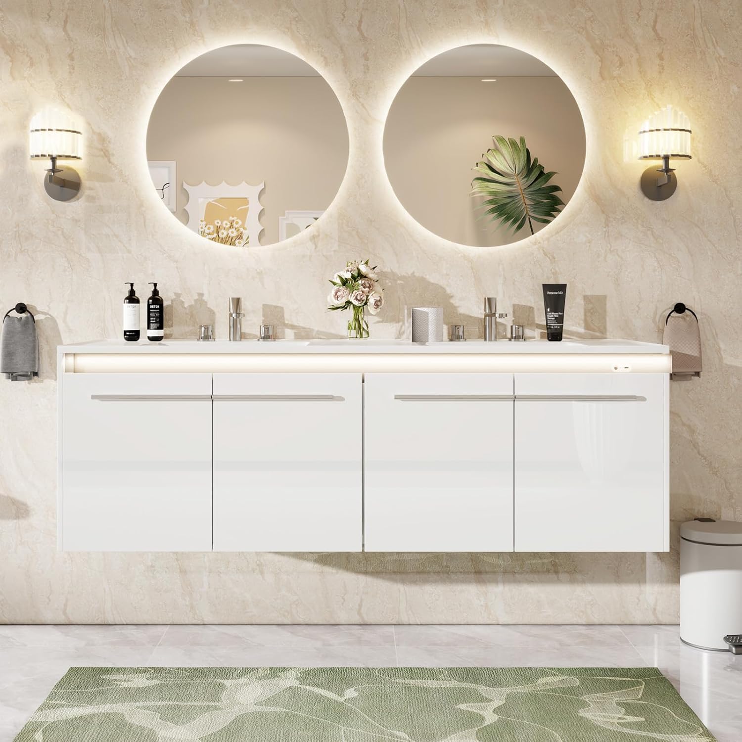 AMERLIFE 60" LED Floating Bathroom Double Vanity with Sink, Modern High Gloss Wall Mounted Bathroom Storage Cabinet with 3 Hole Sink, Metal Handles & Soft Closing Doors, White