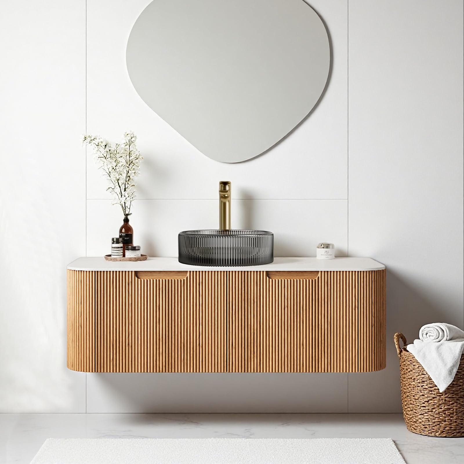 24-Inch Modern Bathroom Vanity with Sink, Floating Cabinet with Ultra-Thin Ceramic Basin and Marble Top, Extra Large Storage Drawer, Soft-Close Design, Nature Wood