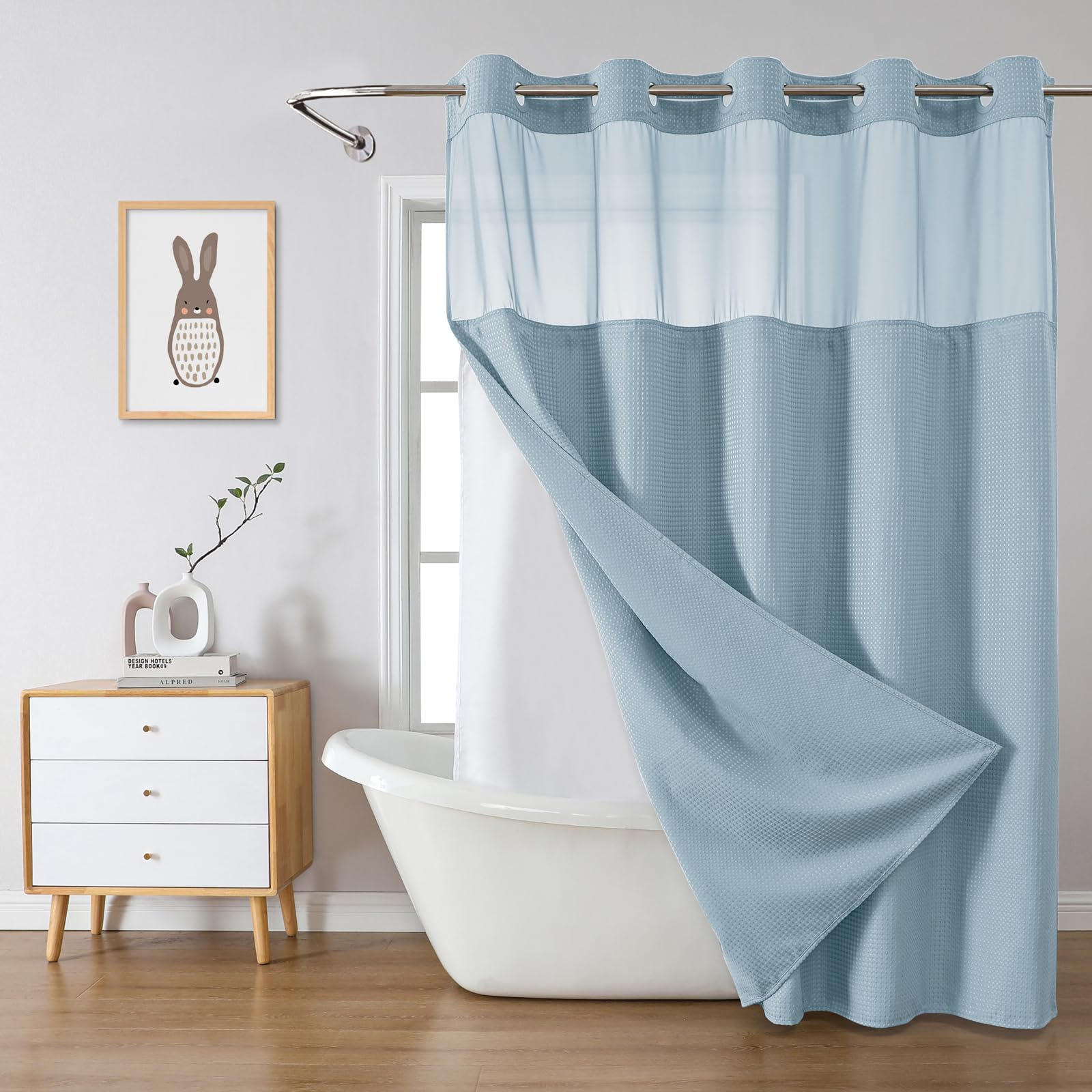eachope BurntOrange Extra Long No Hook Waffle Weave Shower Curtain with snap-in Liner Replacement, 230GSM Waterproof Fabric Hotel Shower Curtain Set for Bathroom, Through Mesh Top Window,71Wx86H