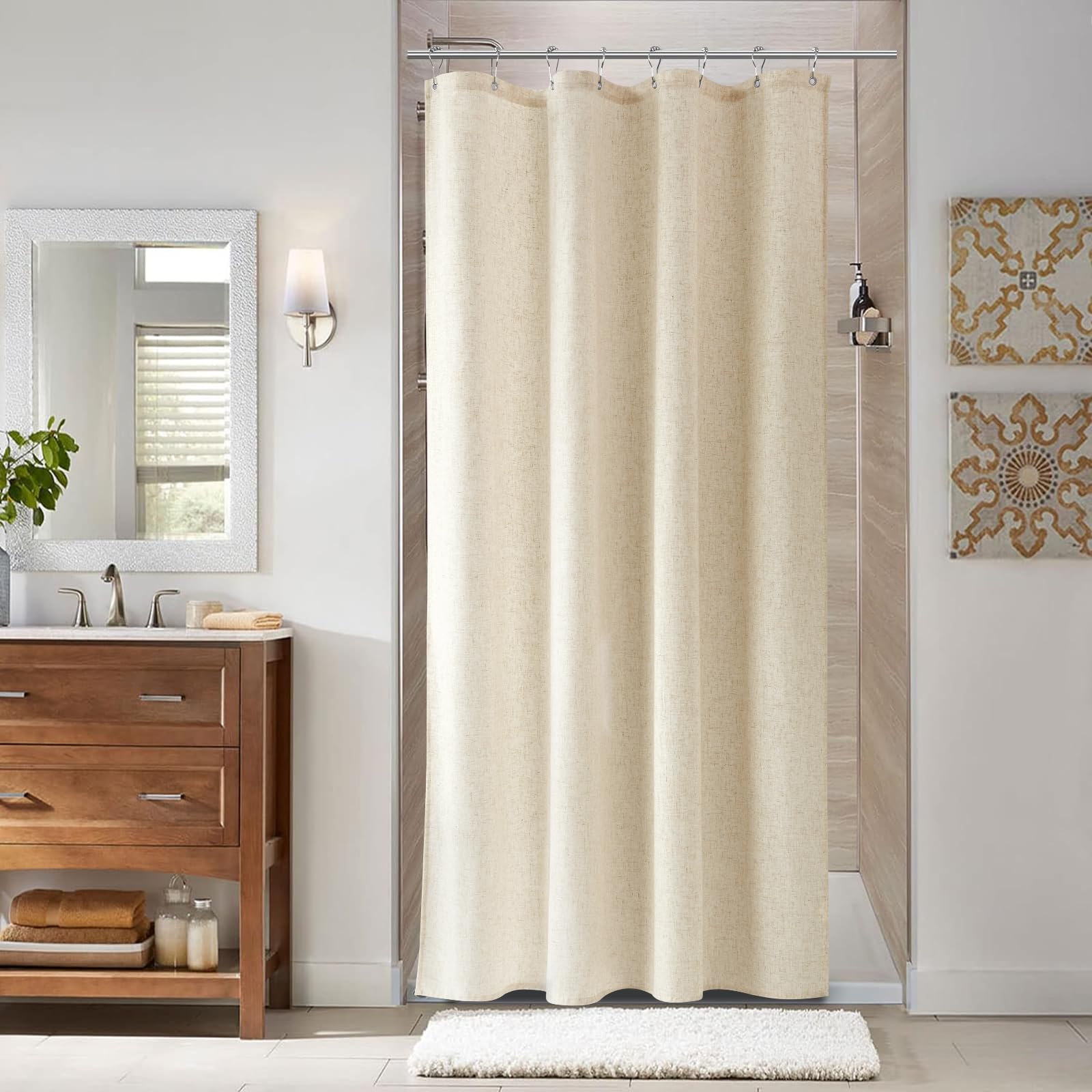 Naturoom Natural Linen Shower Curtain, Country Boho Farmhouse Bath Decor Beige Shower Curtains for Bathroom Neutral Cloth Weighted Textured Fabric Bath Curtain Liner with Hooks, Cream, 72 Inch