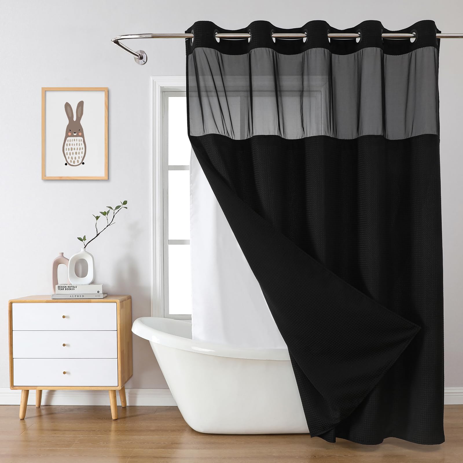 eachope BurntOrange Extra Long No Hook Waffle Weave Shower Curtain with snap-in Liner Replacement, 230GSM Waterproof Fabric Hotel Shower Curtain Set for Bathroom, Through Mesh Top Window,71Wx86H