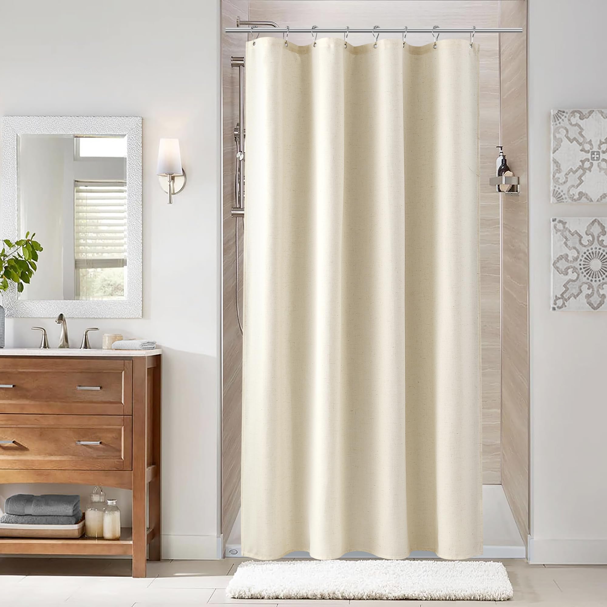 Naturoom Natural Linen Shower Curtain, Country Boho Farmhouse Bath Decor Beige Shower Curtains for Bathroom Neutral Cloth Weighted Textured Fabric Bath Curtain Liner with Hooks, Cream, 72 Inch