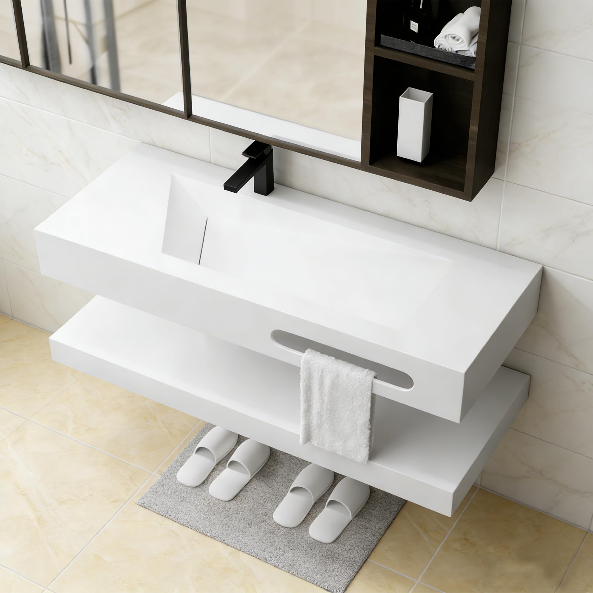 Gesipor 36"x19" Wall Mount Bathroom Vanity with Sink Stone Resin Floating Vanity Sink Rectangular Vessel Sinks for Bathroom White Trough with Shelf Layer (Mirror Not Included)