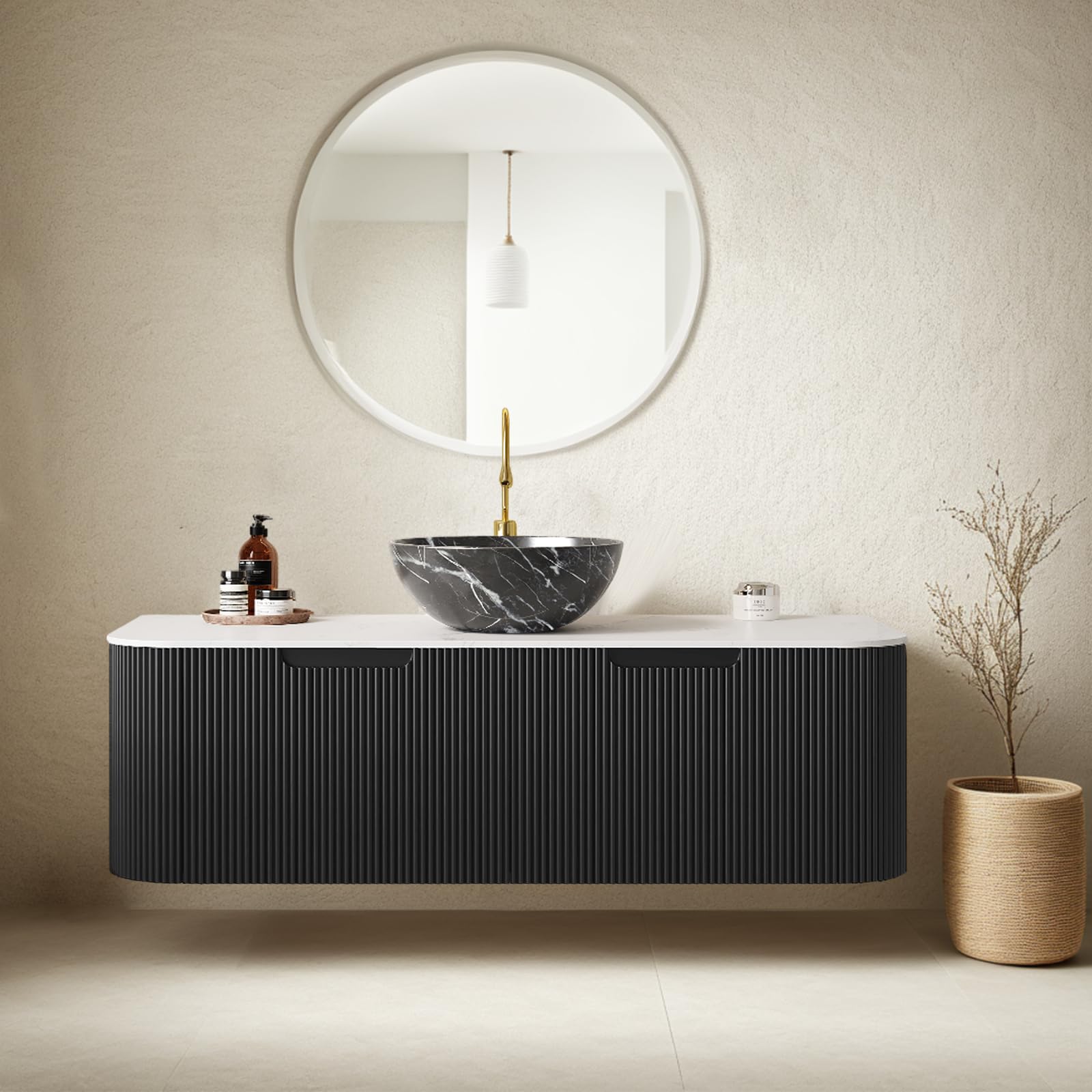 24-Inch Modern Bathroom Vanity with Sink, Floating Cabinet with Ultra-Thin Ceramic Basin and Marble Top, Extra Large Storage Drawer, Soft-Close Design, Nature Wood