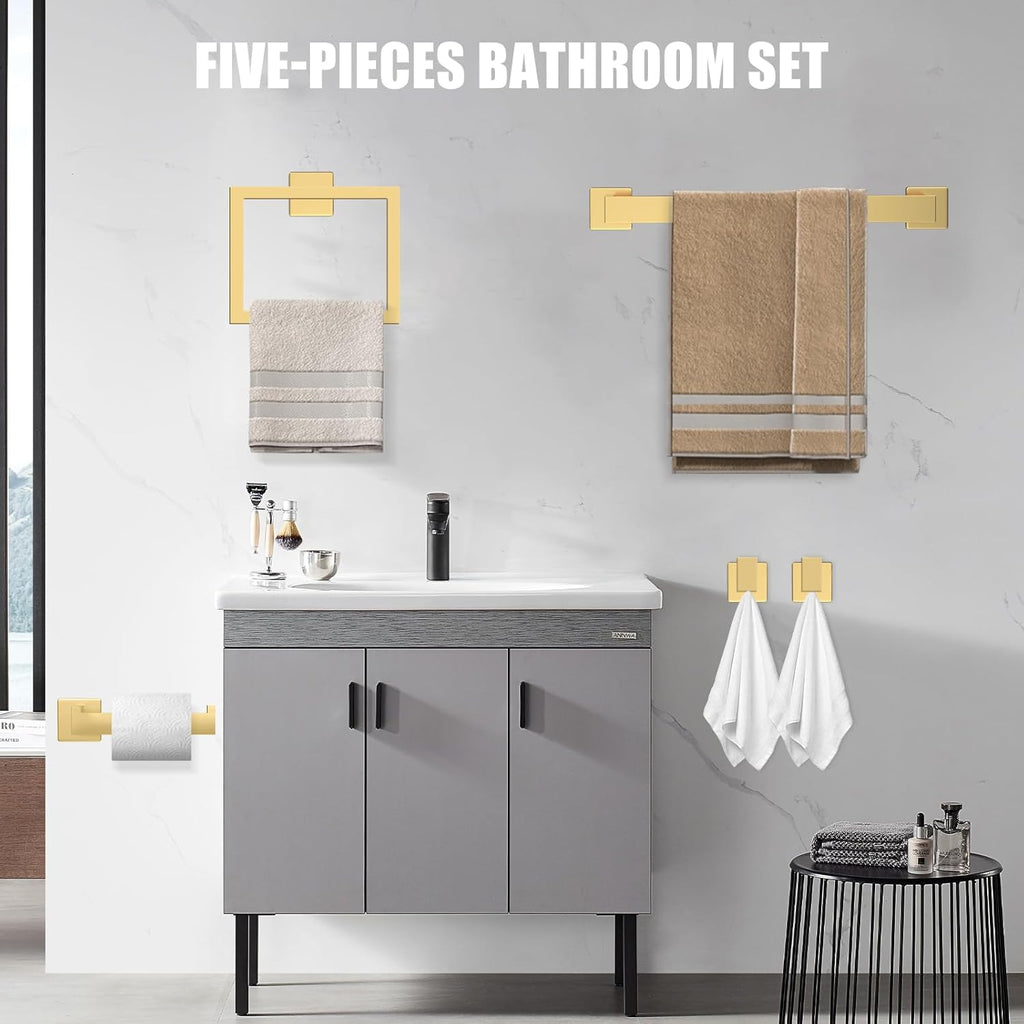 5 Piece Gold Towel Bar Set Bathroom Hardware Set Gold Bathroom Accessories Set with 2 Towel Hook, Stainless Steel Wall Mounted Bathroom Towel Rack Set Square 16-Inch