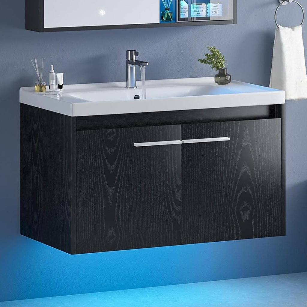 4ever2buy 31" Floating Bathroom Vanity with Sink, Modern Black Bathroom Vanity with LED Light, Wall Mounted Sink Cabinet with 2 Doors, Black