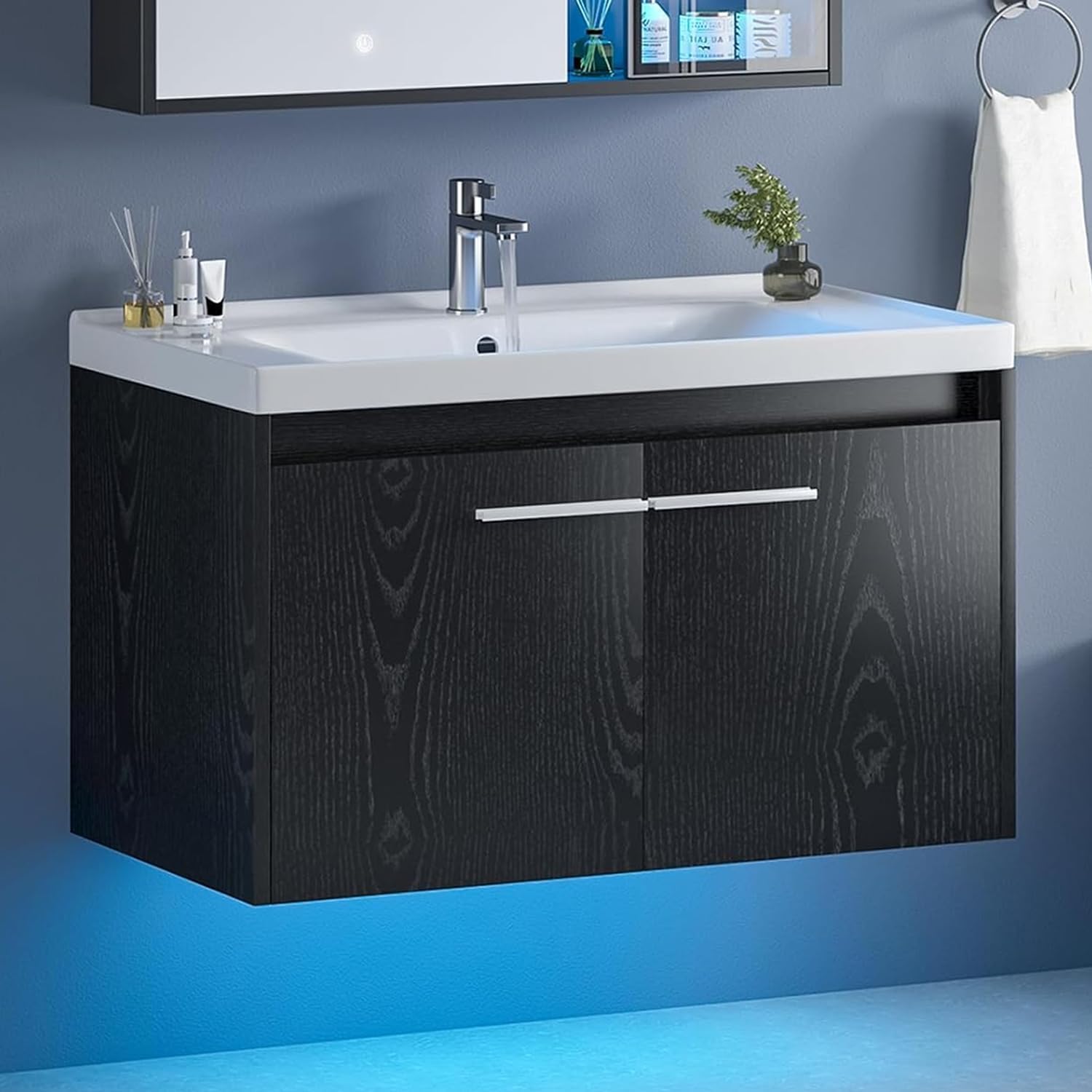 4ever2buy 31" Floating Bathroom Vanity with Sink, Modern Black Bathroom Vanity with LED Light, Wall Mounted Sink Cabinet with 2 Doors, Black