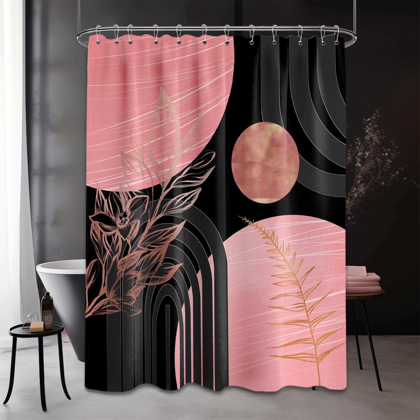 Mid Century Modern Black and Brown Shower Curtain Boho Beige and Dark Tan Gold Shower Curtains for Mens Bathroom Decor Sets, Waterproof Cloth Fabric with Hooks, 70x72in