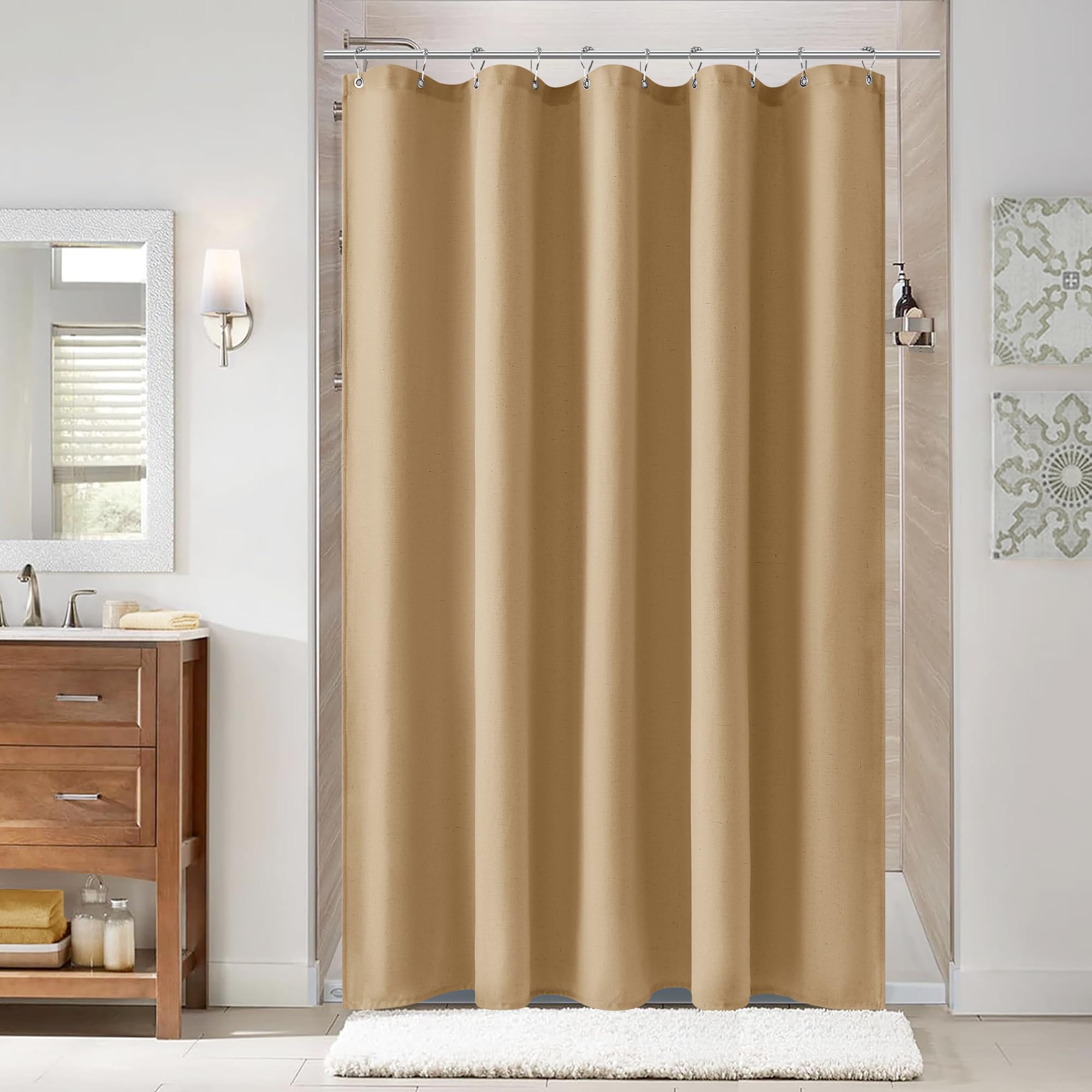 Naturoom Natural Linen Shower Curtain, Country Boho Farmhouse Bath Decor Beige Shower Curtains for Bathroom Neutral Cloth Weighted Textured Fabric Bath Curtain Liner with Hooks, Cream, 72 Inch