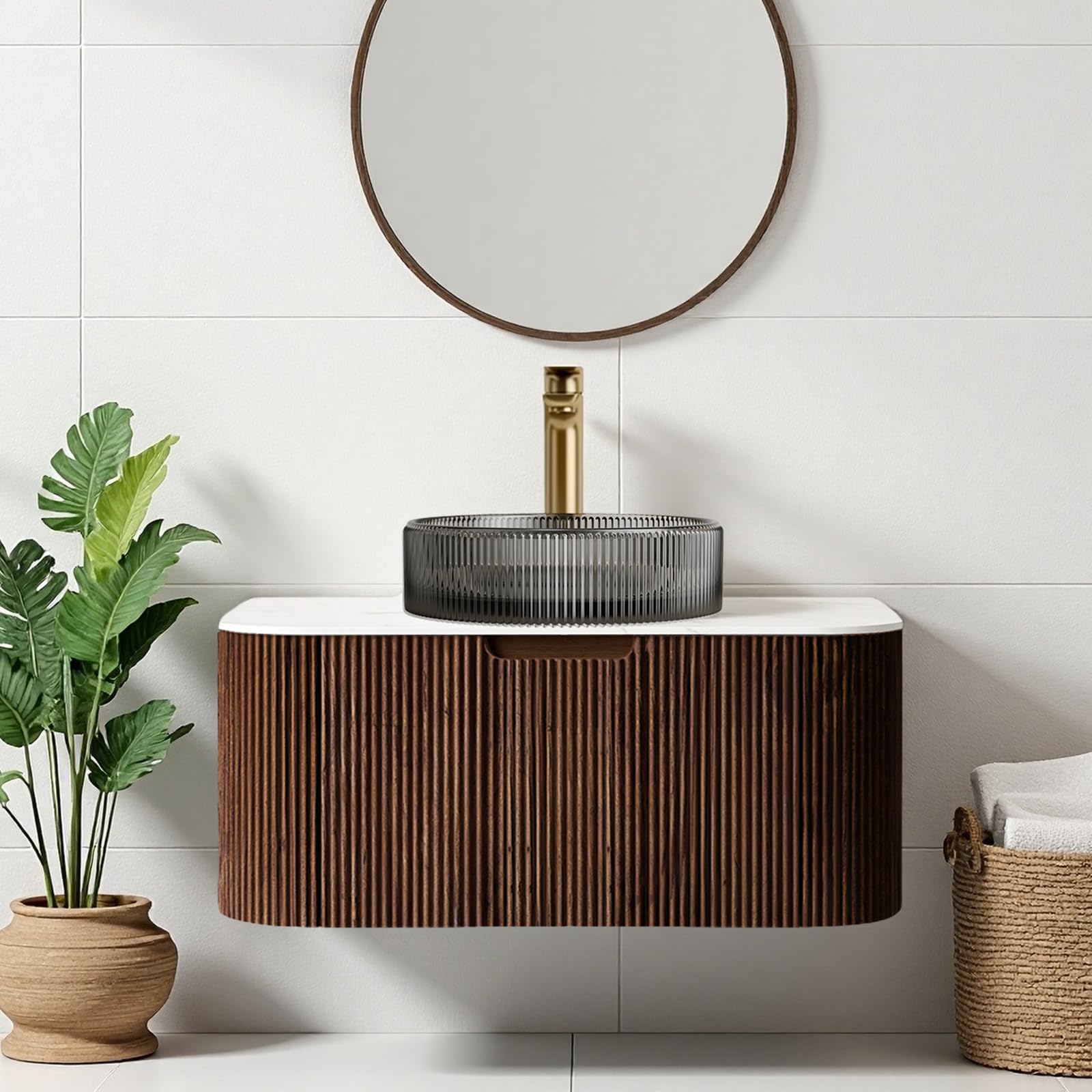 24-Inch Modern Bathroom Vanity with Sink, Floating Cabinet with Ultra-Thin Ceramic Basin and Marble Top, Extra Large Storage Drawer, Soft-Close Design, Nature Wood