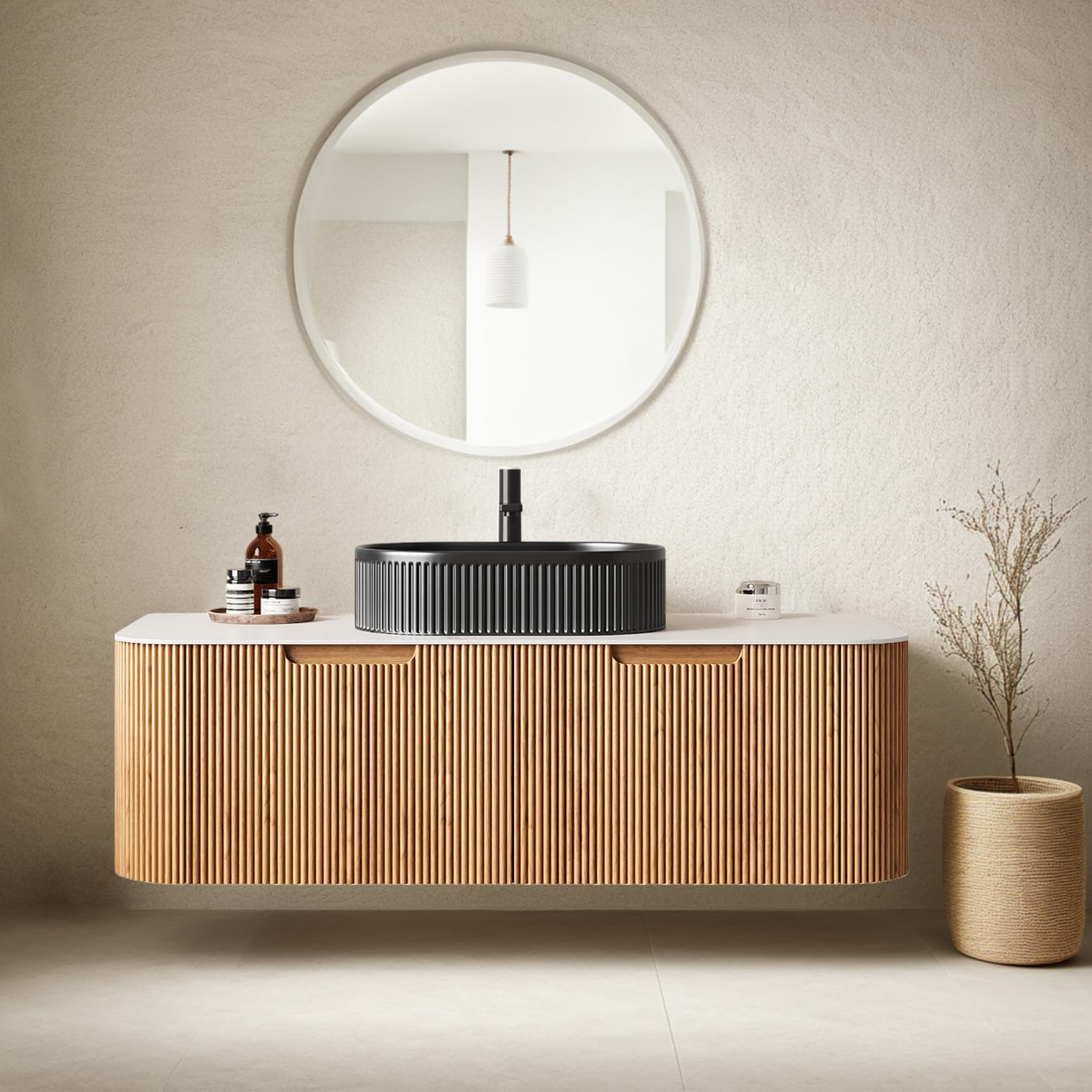 24-Inch Modern Bathroom Vanity with Sink, Floating Cabinet with Ultra-Thin Ceramic Basin and Marble Top, Extra Large Storage Drawer, Soft-Close Design, Nature Wood