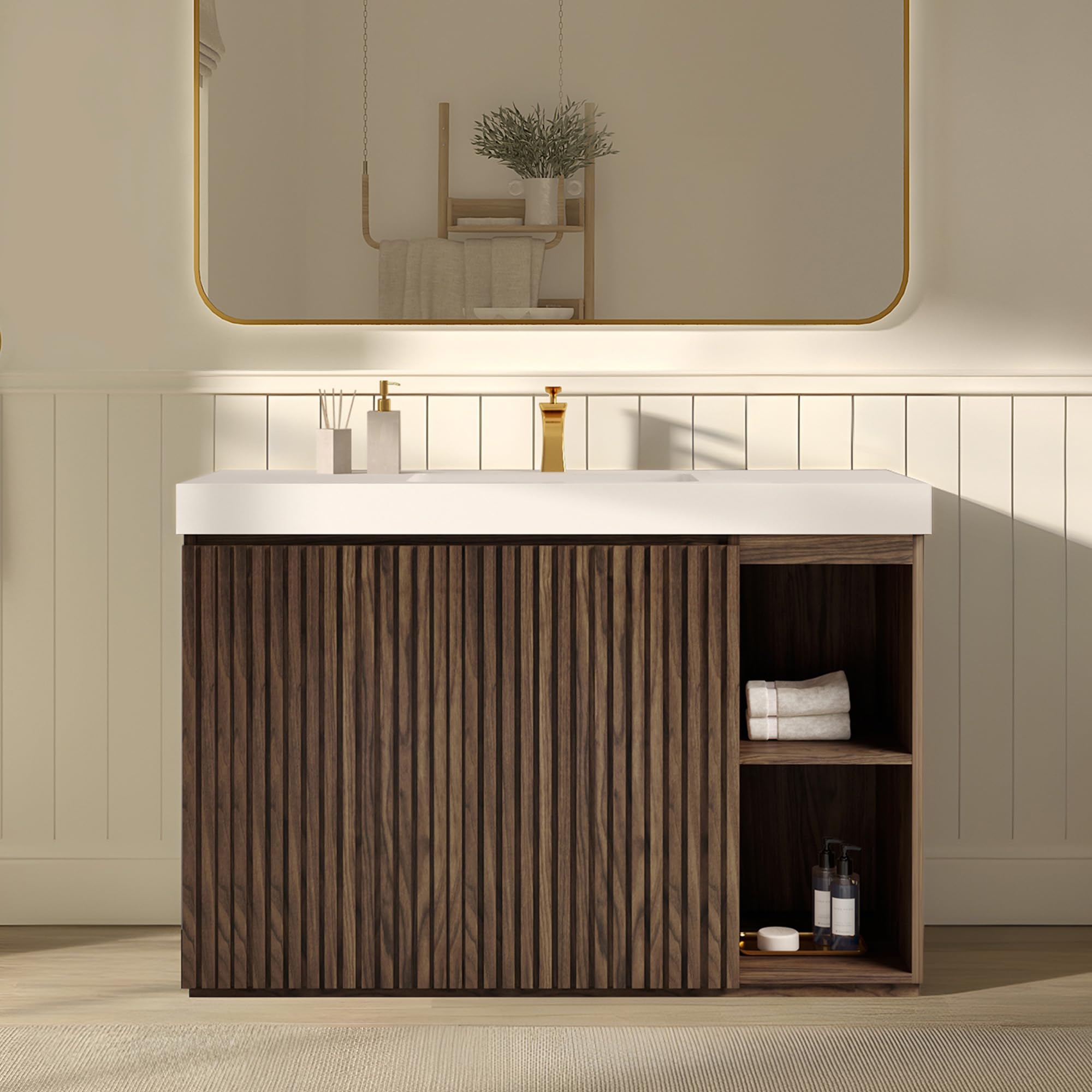 60" Bathroom Vanity with Double Sink, Freestanding Double Sink Bathroom Vanity with White Engineered Stone Top, Open Storage Cabinet & Adjustable Shelf, 4 Soft-Closing Doors, Smoked Oak Brown