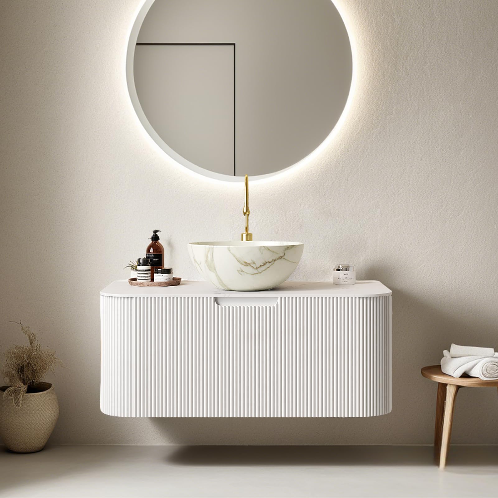 24-Inch Modern Bathroom Vanity with Sink, Floating Cabinet with Ultra-Thin Ceramic Basin and Marble Top, Extra Large Storage Drawer, Soft-Close Design, Nature Wood