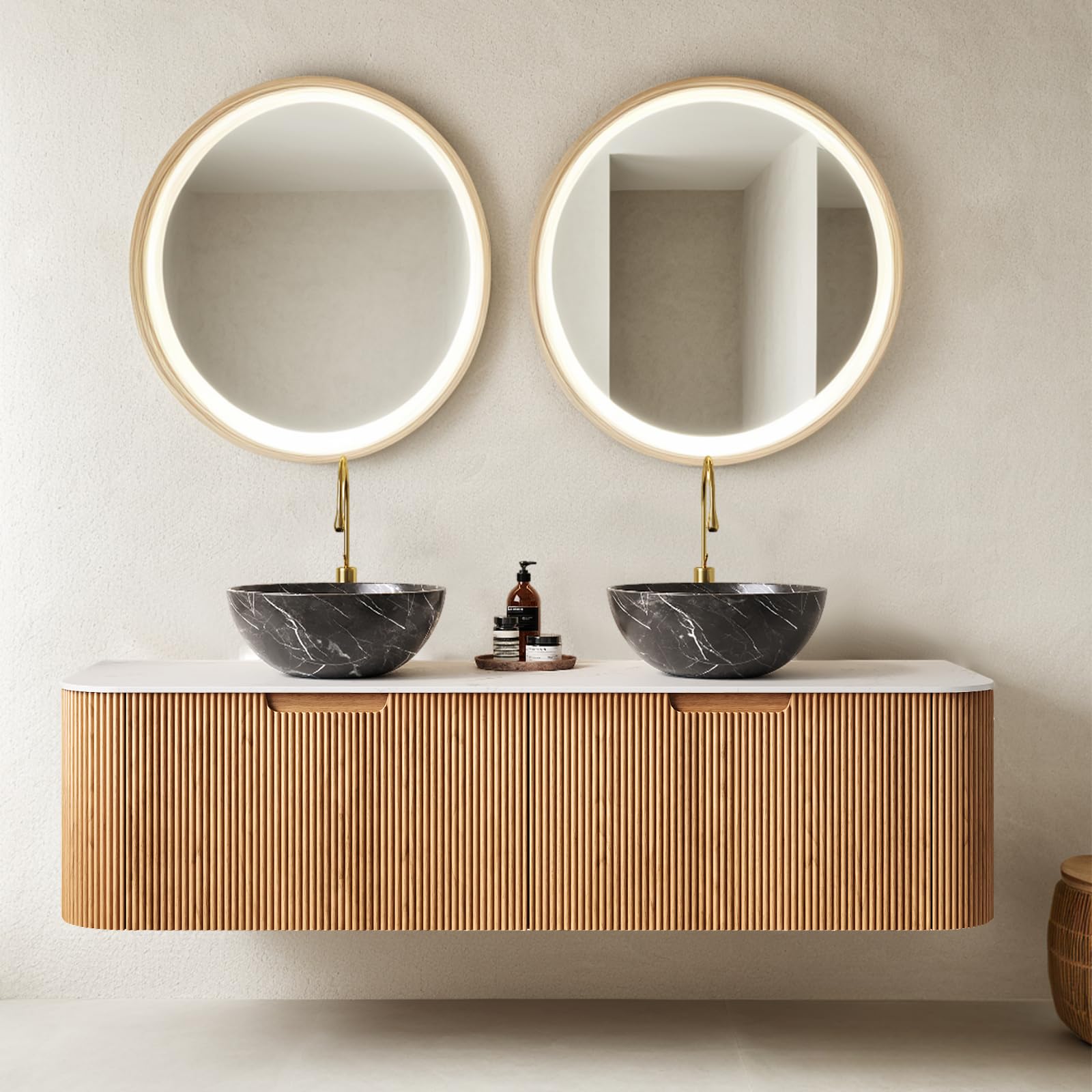 24-Inch Modern Bathroom Vanity with Sink, Floating Cabinet with Ultra-Thin Ceramic Basin and Marble Top, Extra Large Storage Drawer, Soft-Close Design, Nature Wood
