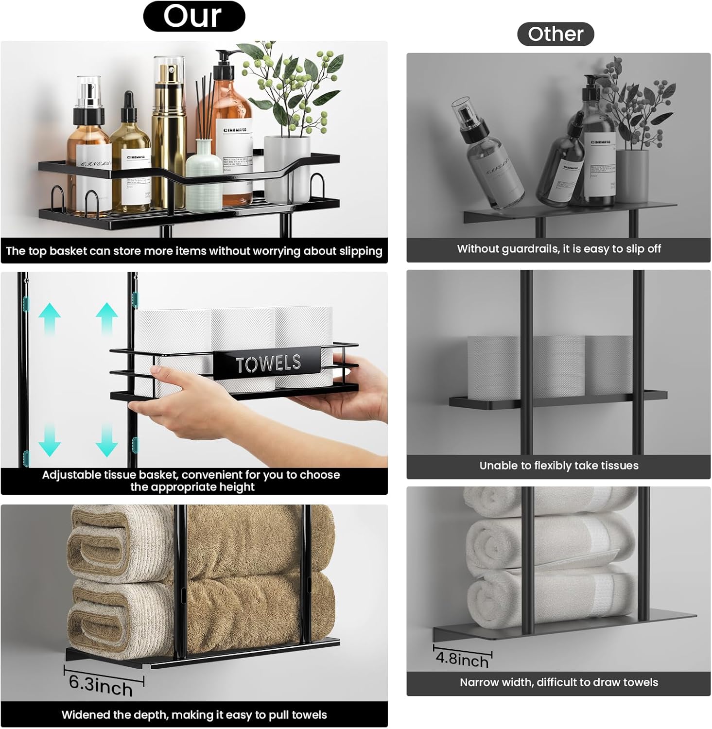 Towel Racks for Bathroom, 30inch Wall Mounted Towel Rack, Towel Storage for Small Bathroom Can Holds 6 Large Towels, Floating Shelf with Adjustable Tissue Basket(Black).