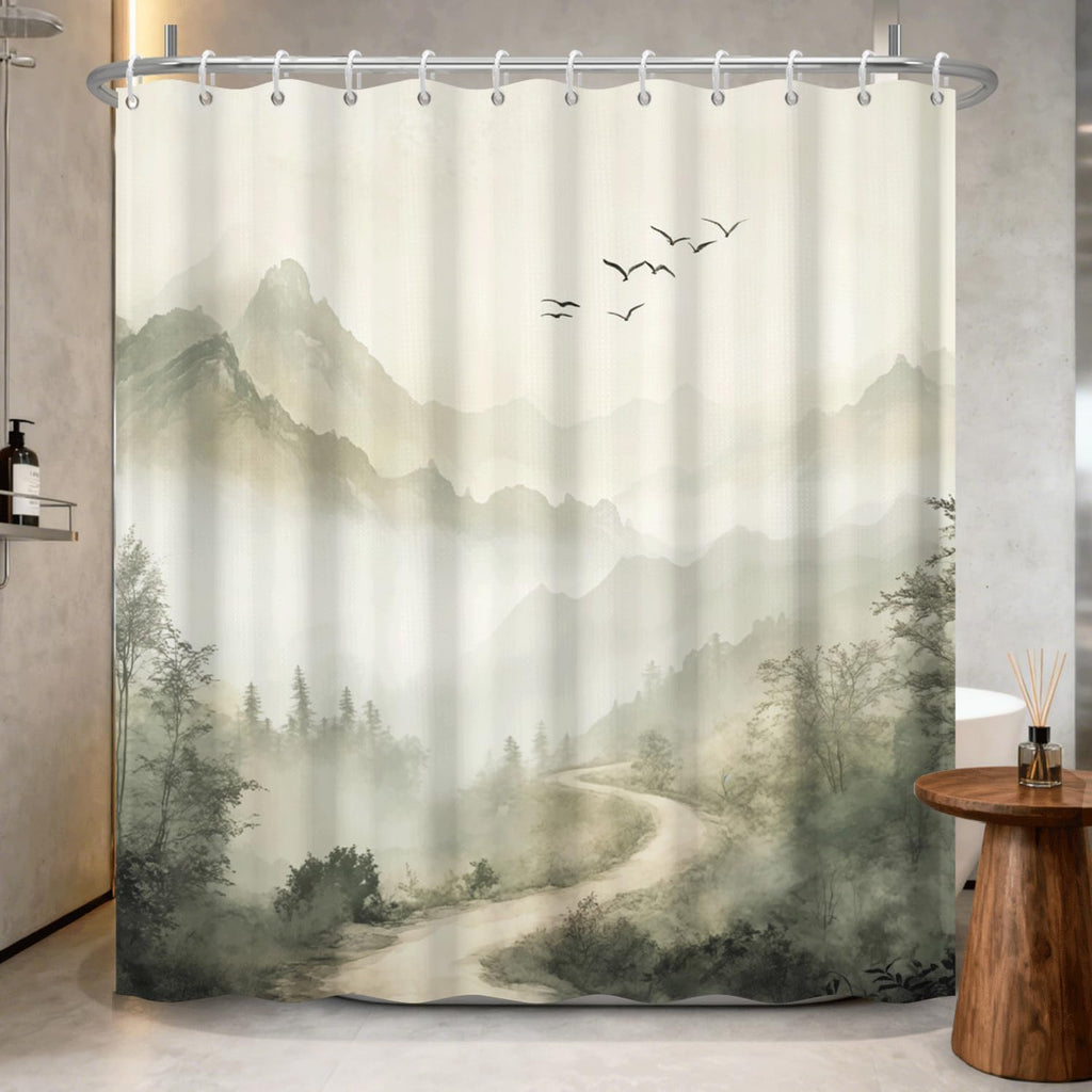 Mountain Landscape Shower Curtain with Hooks, Zen Inspired Design with Birds & Scenic Path, Waterproof Fabric Bath Curtain for Nature Lovers Bathroom Decor, 71x74 Inch