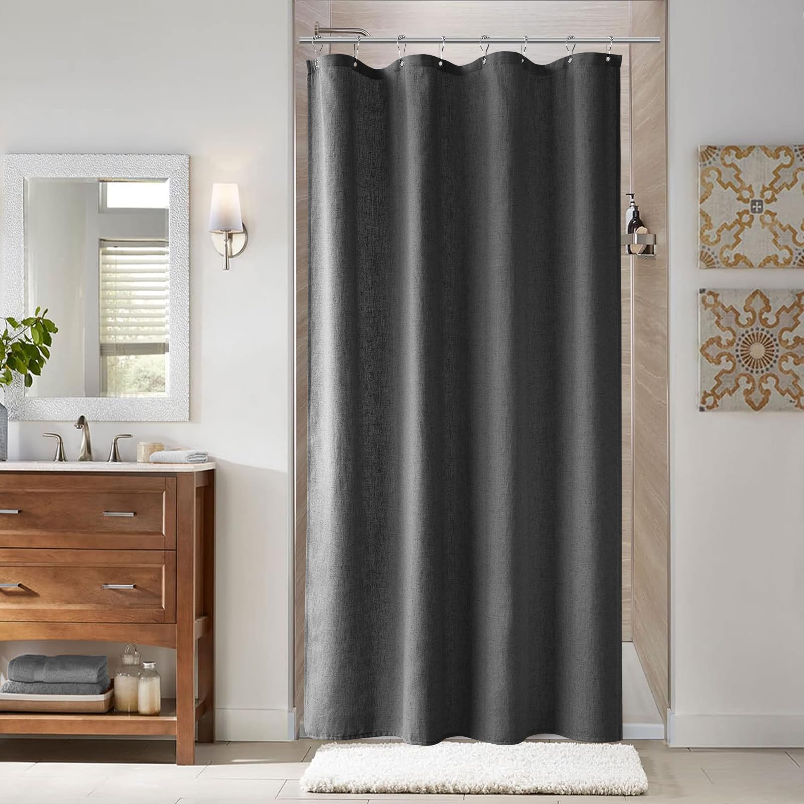Naturoom Natural Linen Shower Curtain, Country Boho Farmhouse Bath Decor Beige Shower Curtains for Bathroom Neutral Cloth Weighted Textured Fabric Bath Curtain Liner with Hooks, Cream, 72 Inch