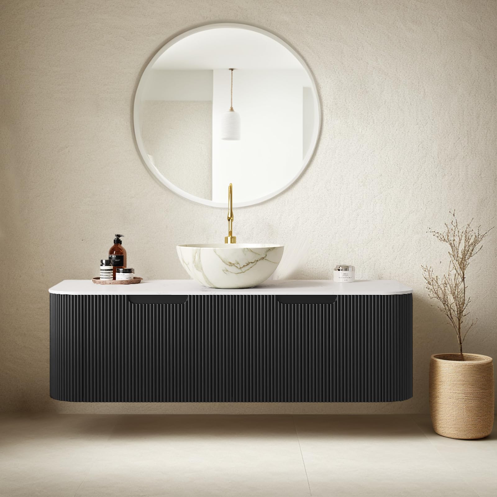 24-Inch Modern Bathroom Vanity with Sink, Floating Cabinet with Ultra-Thin Ceramic Basin and Marble Top, Extra Large Storage Drawer, Soft-Close Design, Nature Wood