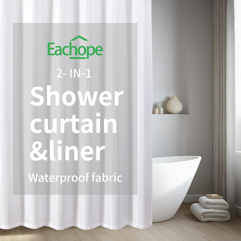 eachope Waterproof Fabric Shower Curtain,No Liner Needed,TPU Laminated Polyester Shower Curtain,Chevron Striped Design with Weighted Magnets and Metal Grommets,72 x 72 Inch,White