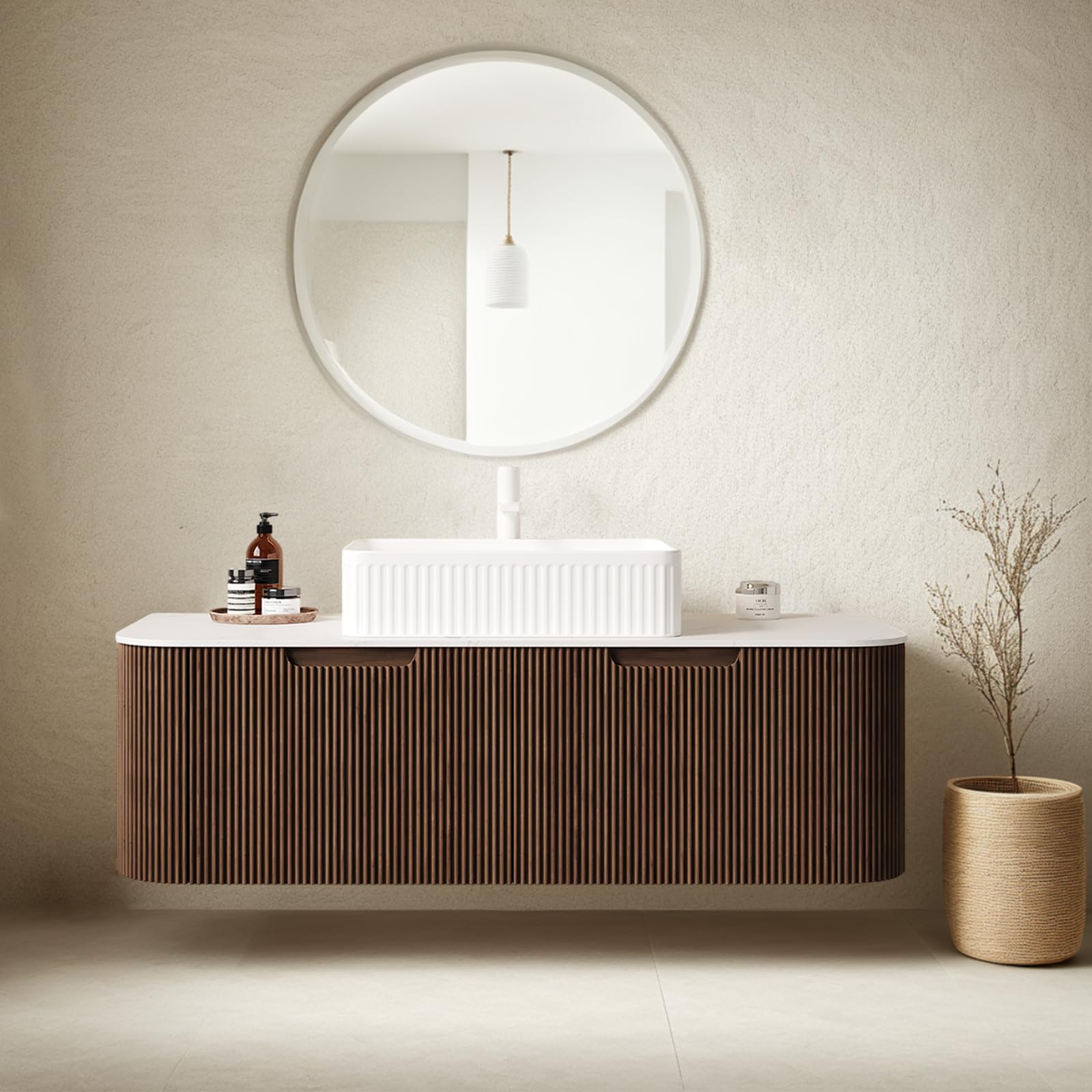 24-Inch Modern Bathroom Vanity with Sink, Floating Cabinet with Ultra-Thin Ceramic Basin and Marble Top, Extra Large Storage Drawer, Soft-Close Design, Nature Wood