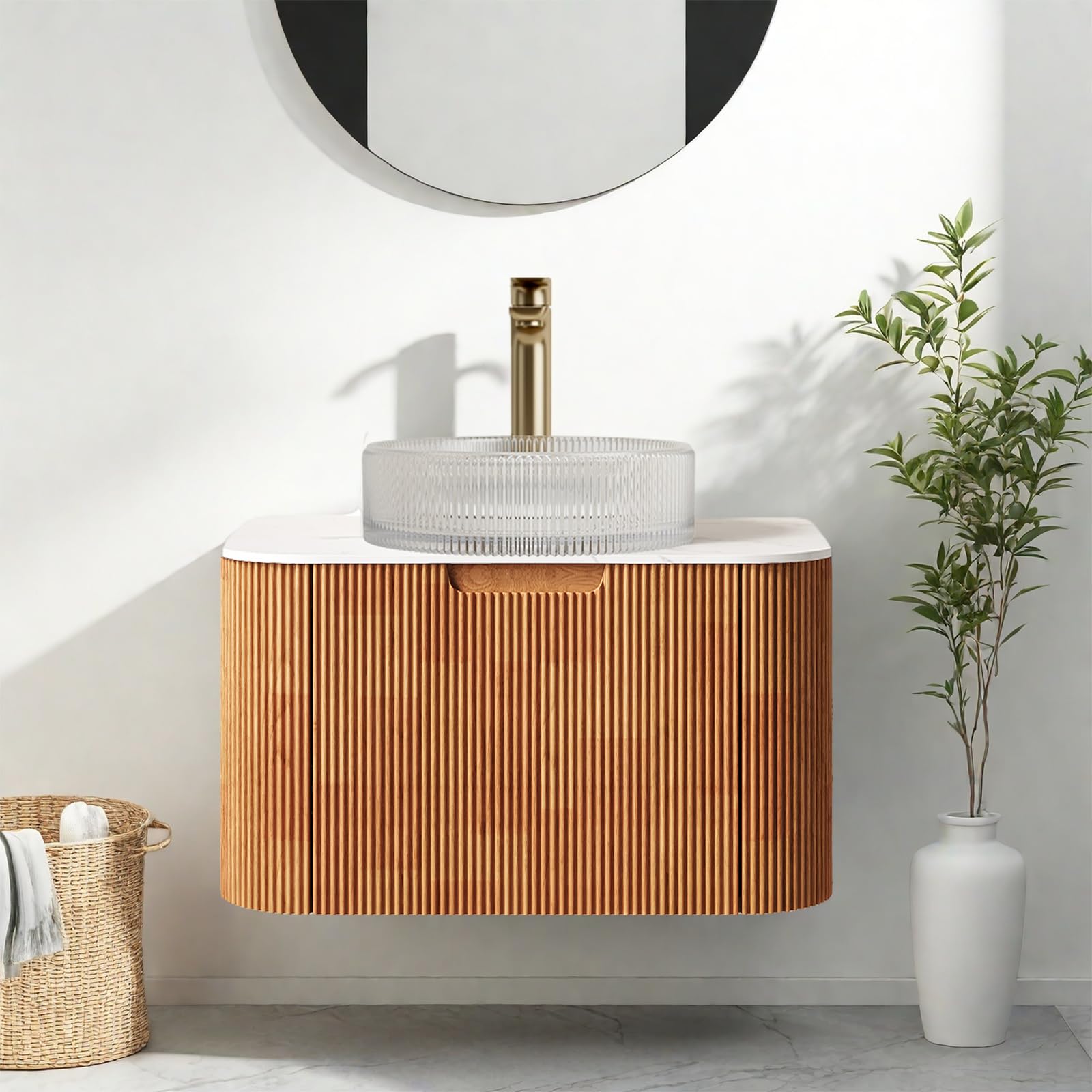 24-Inch Modern Bathroom Vanity with Sink, Floating Cabinet with Ultra-Thin Ceramic Basin and Marble Top, Extra Large Storage Drawer, Soft-Close Design, Nature Wood