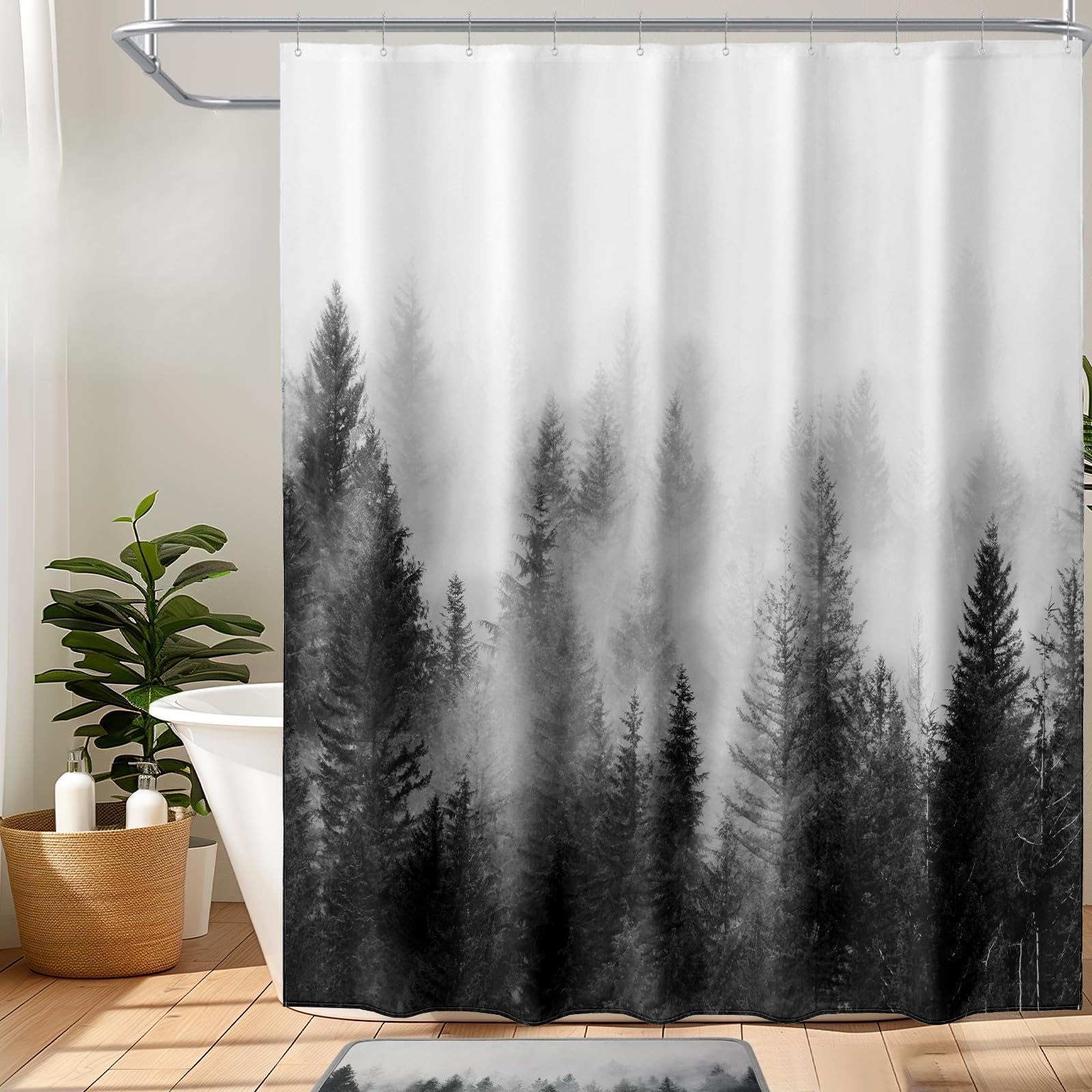 ORTIGIA Dark Green Misty Forest Shower Curtain for Bathroom, Nature Woodland Shower Curtain Set with Hooks, Decorative Pine Tree Fog Magic Bath Curtain for Home, Waterproof Fabric, Weighted, 72x72