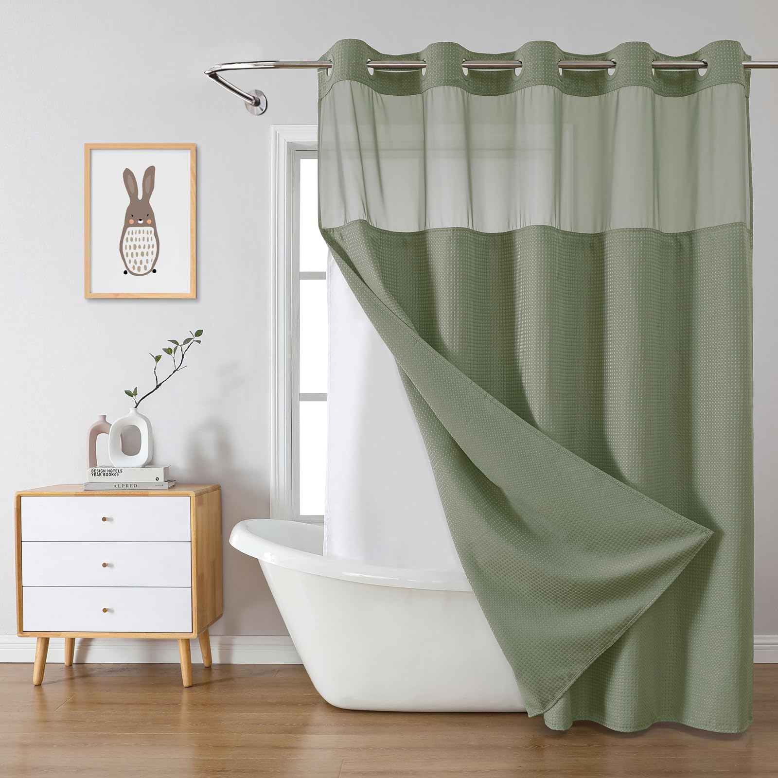 eachope BurntOrange Extra Long No Hook Waffle Weave Shower Curtain with snap-in Liner Replacement, 230GSM Waterproof Fabric Hotel Shower Curtain Set for Bathroom, Through Mesh Top Window,71Wx86H