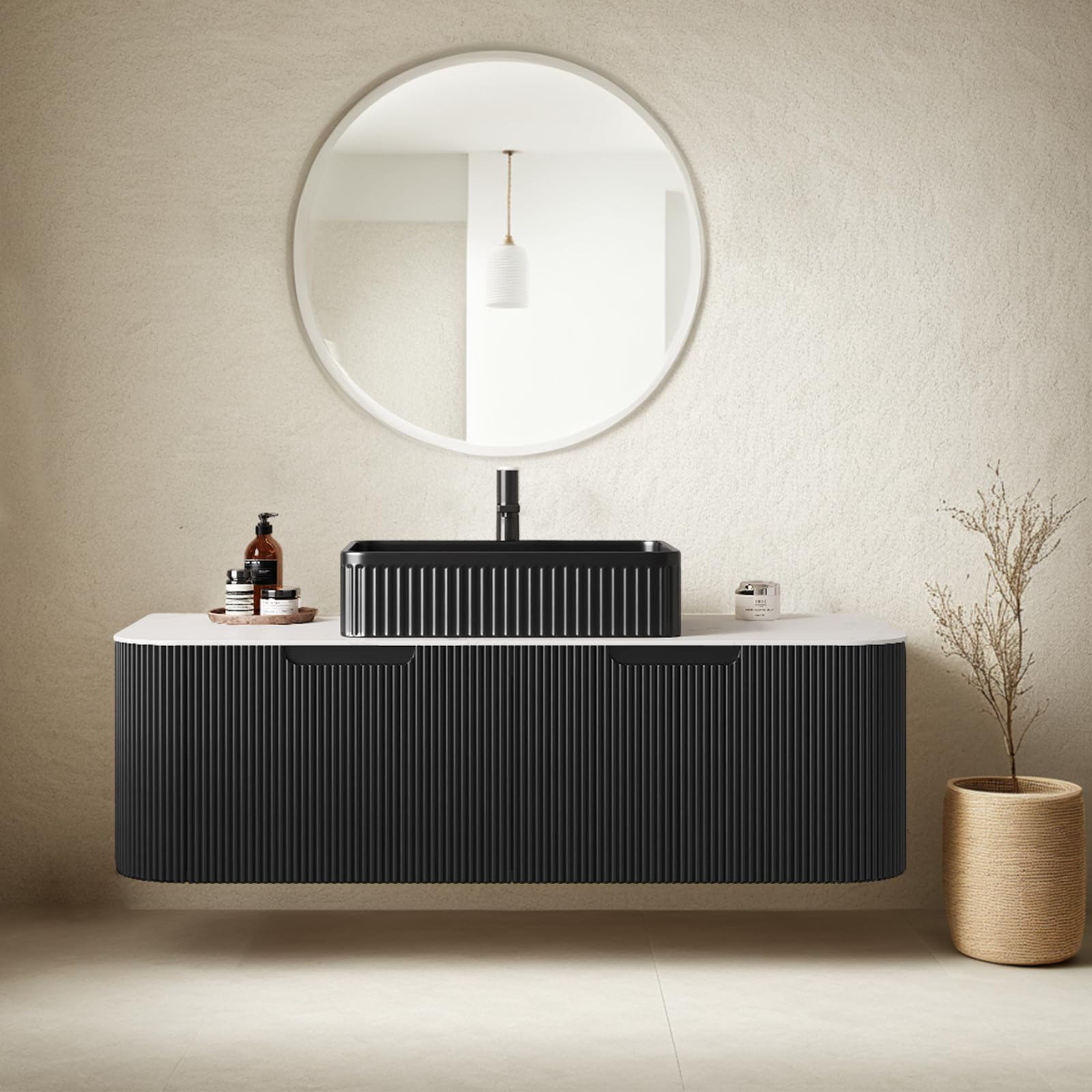 24-Inch Modern Bathroom Vanity with Sink, Floating Cabinet with Ultra-Thin Ceramic Basin and Marble Top, Extra Large Storage Drawer, Soft-Close Design, Nature Wood