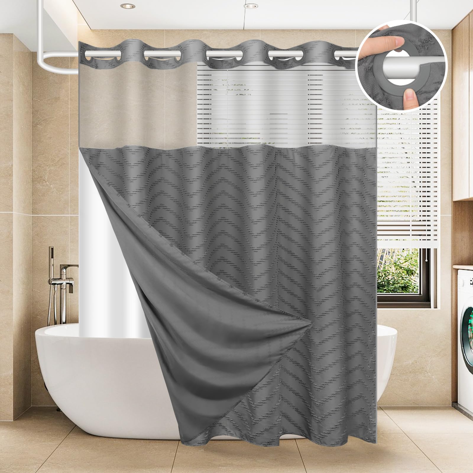 FADOTY No Hook Shower Curtain and Liner Set, Black Snap in Shower Curtain Ringless Chevron Tufted Cloth Waterproof Washable Fabric Bath Curtain with See Through Top Window for Bathroom Hotel 71" x 74"