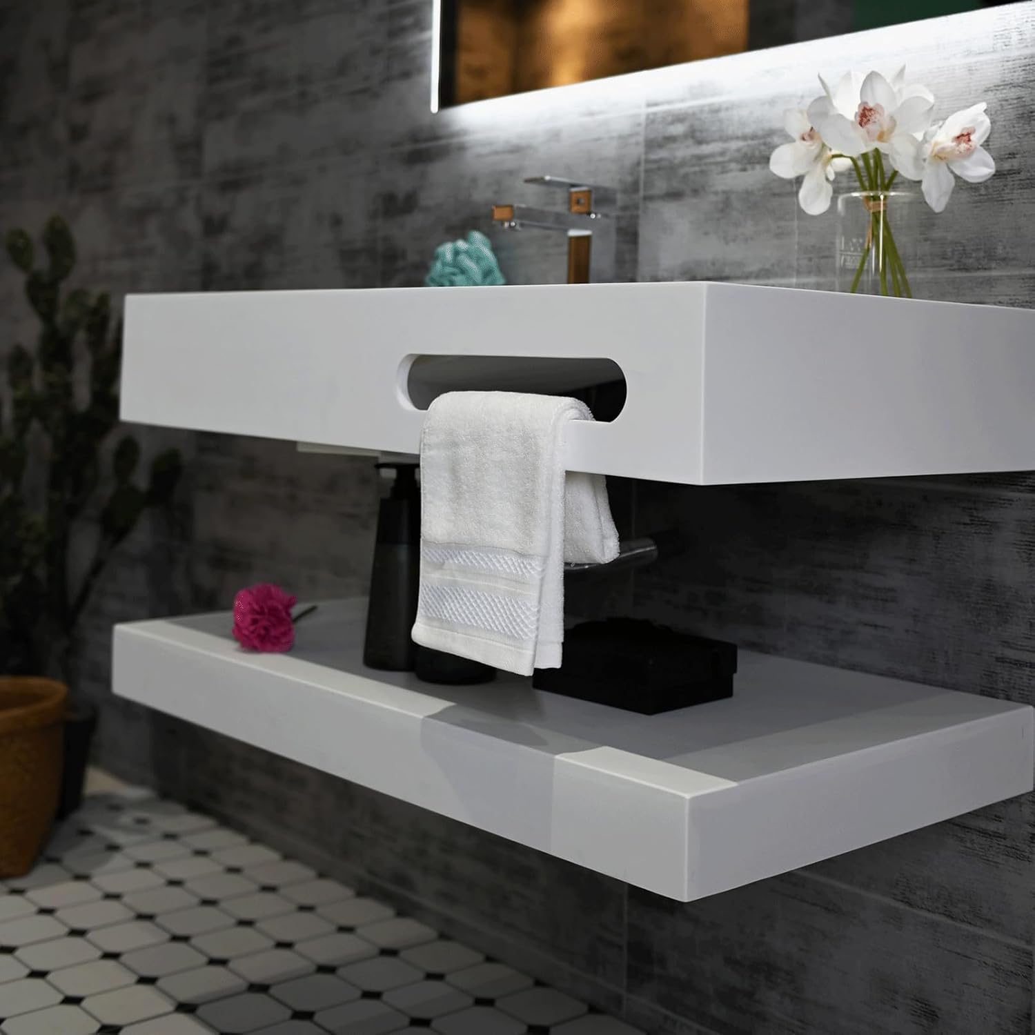 Gesipor 36"x19" Wall Mount Bathroom Vanity with Sink Stone Resin Floating Vanity Sink Rectangular Vessel Sinks for Bathroom White Trough with Shelf Layer (Mirror Not Included)
