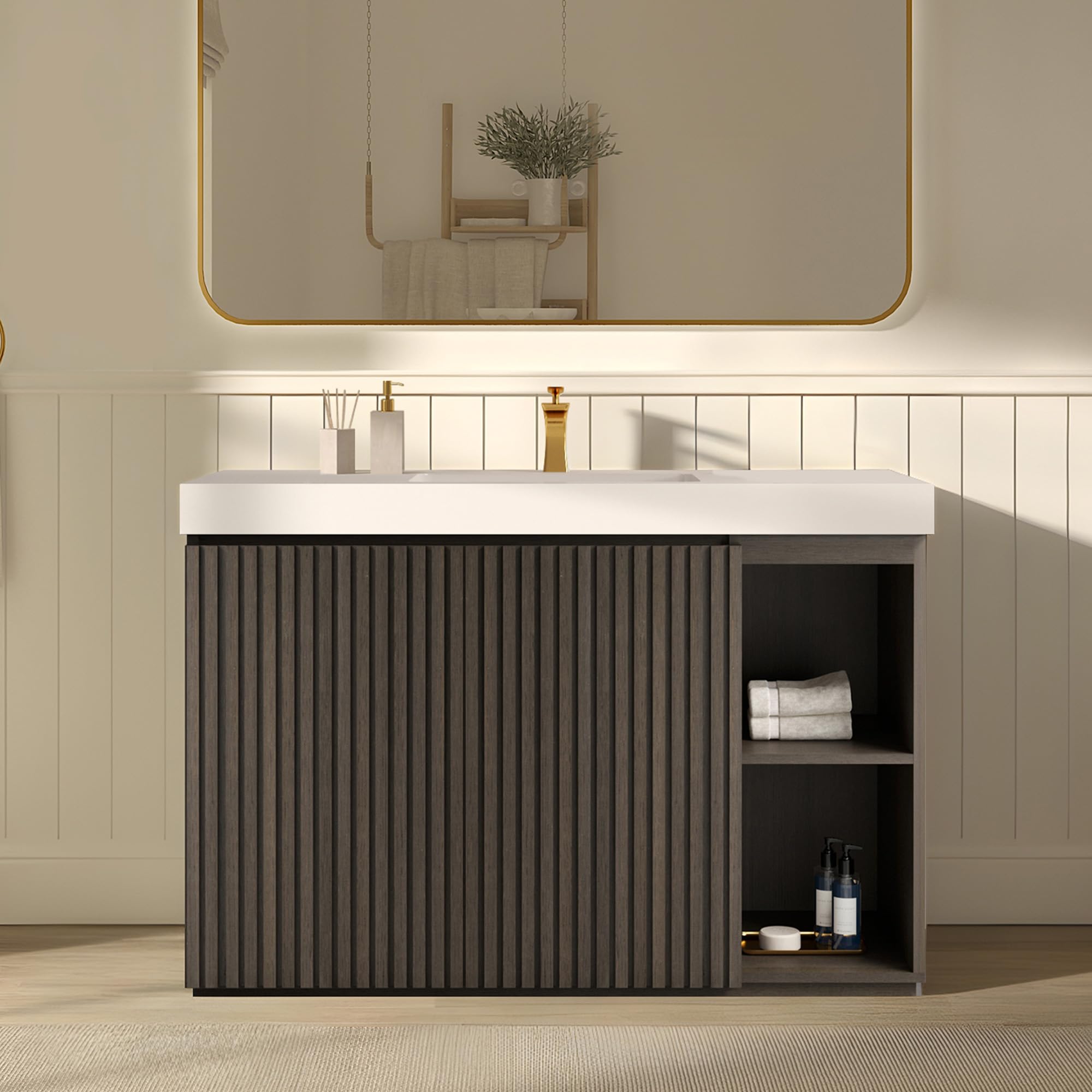 60" Bathroom Vanity with Double Sink, Freestanding Double Sink Bathroom Vanity with White Engineered Stone Top, Open Storage Cabinet & Adjustable Shelf, 4 Soft-Closing Doors, Smoked Oak Brown