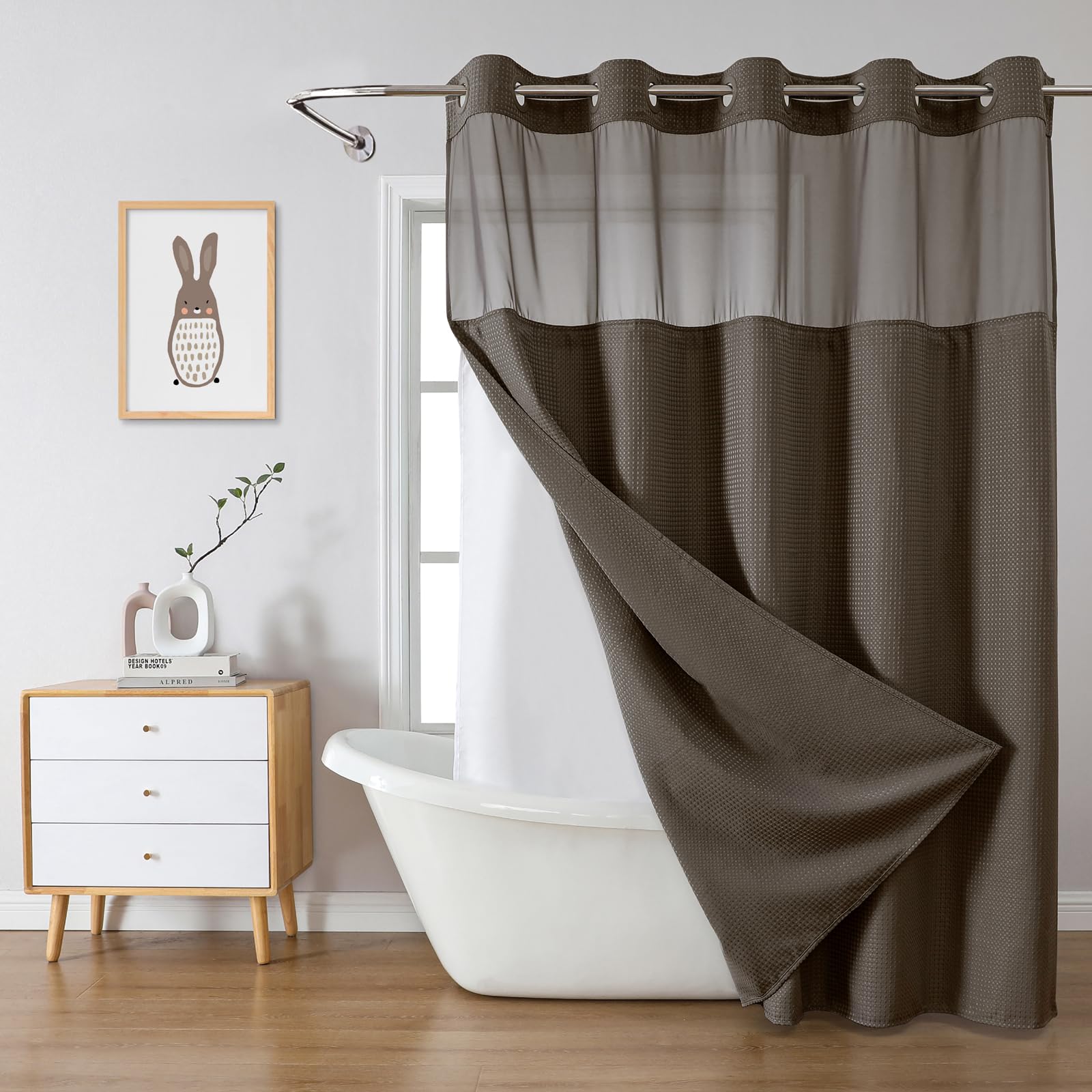 eachope BurntOrange Extra Long No Hook Waffle Weave Shower Curtain with snap-in Liner Replacement, 230GSM Waterproof Fabric Hotel Shower Curtain Set for Bathroom, Through Mesh Top Window,71Wx86H