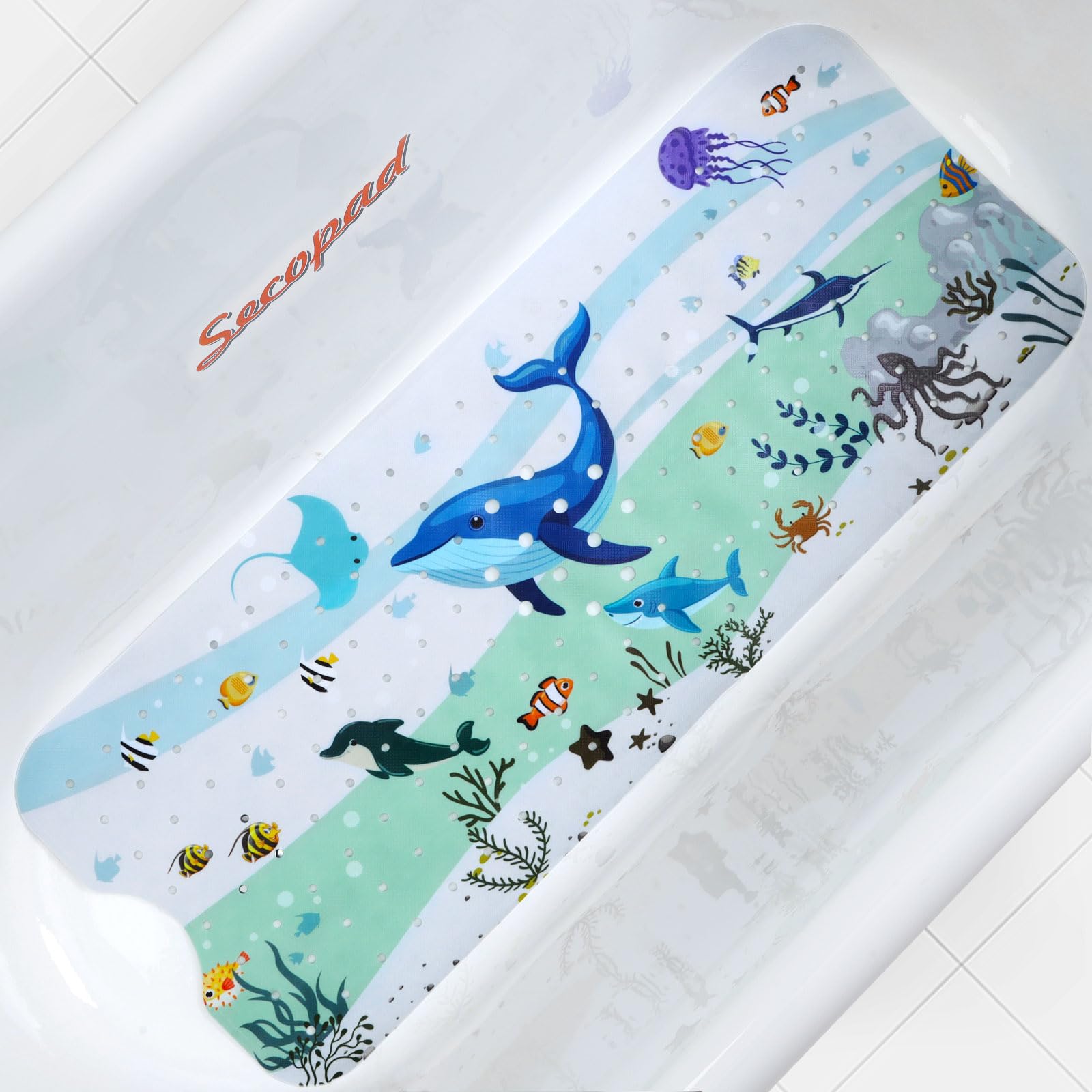 Secopad Bath Mat for Tub Non Slip, Machine Washable Anti-Slip Cartoon Baby Bathtub Shower Mat with Drain Holes and Suction Cups for Toddler & Kids (40 Inch x 16 Inch-Rectangular, Turtles)