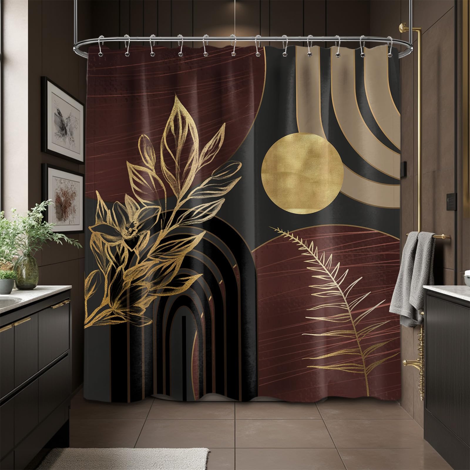 Mid Century Modern Black and Brown Shower Curtain Boho Beige and Dark Tan Gold Shower Curtains for Mens Bathroom Decor Sets, Waterproof Cloth Fabric with Hooks, 70x72in
