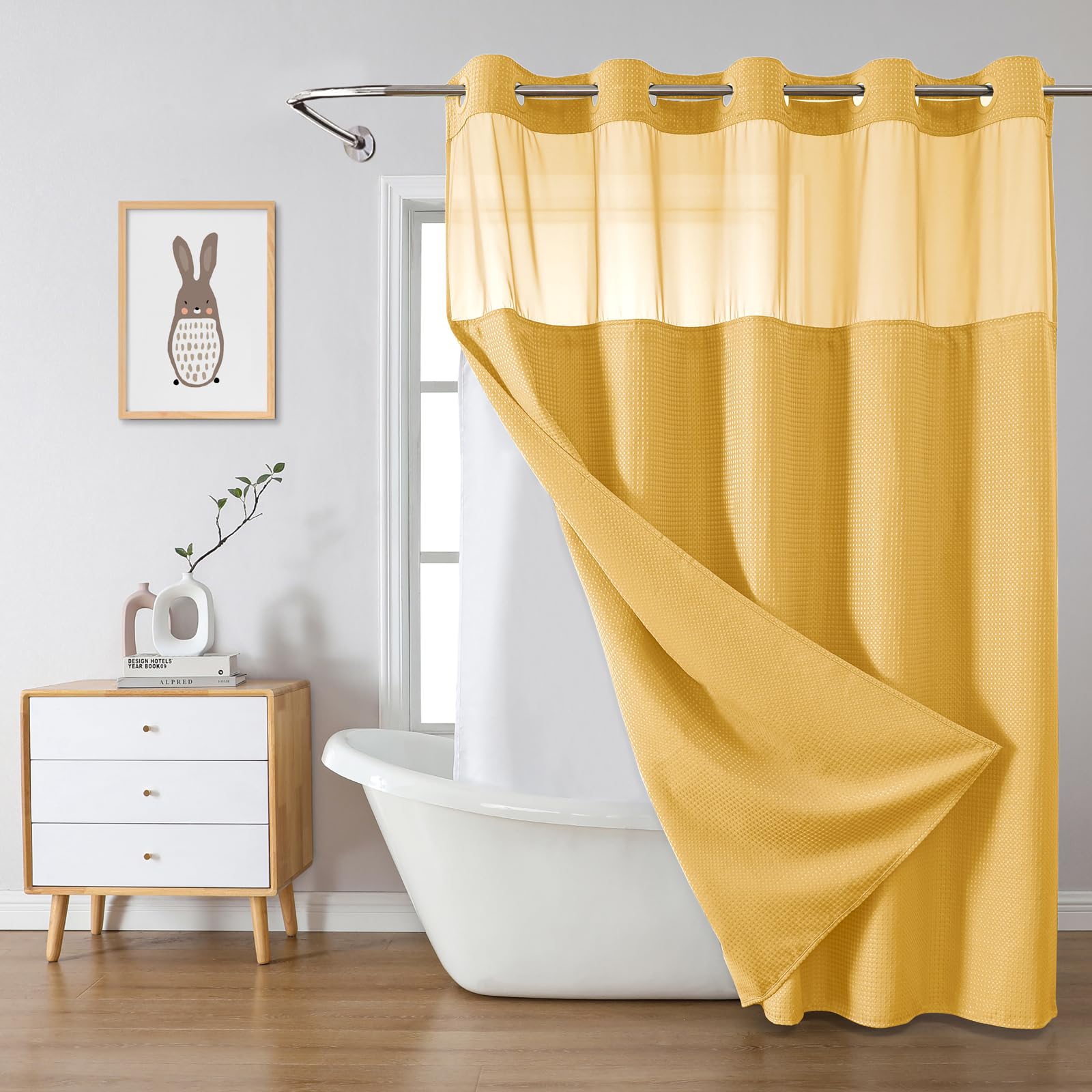 eachope BurntOrange Extra Long No Hook Waffle Weave Shower Curtain with snap-in Liner Replacement, 230GSM Waterproof Fabric Hotel Shower Curtain Set for Bathroom, Through Mesh Top Window,71Wx86H