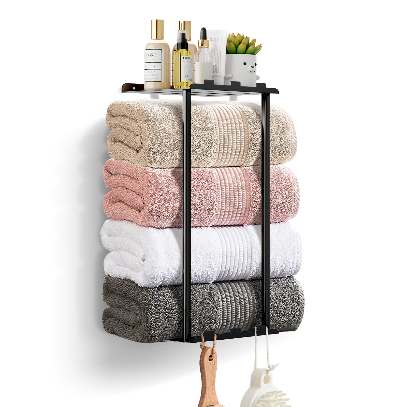 Towel Racks for Bathroom, 36.6 inch Metal Towel Storage, 8 Large Bath Towels Capacity, 3-Tier Towel Holder for Bathroom, with Shelf & 6 Hooks, Wall Mounted Towel Rack for Rolled Towels, Black