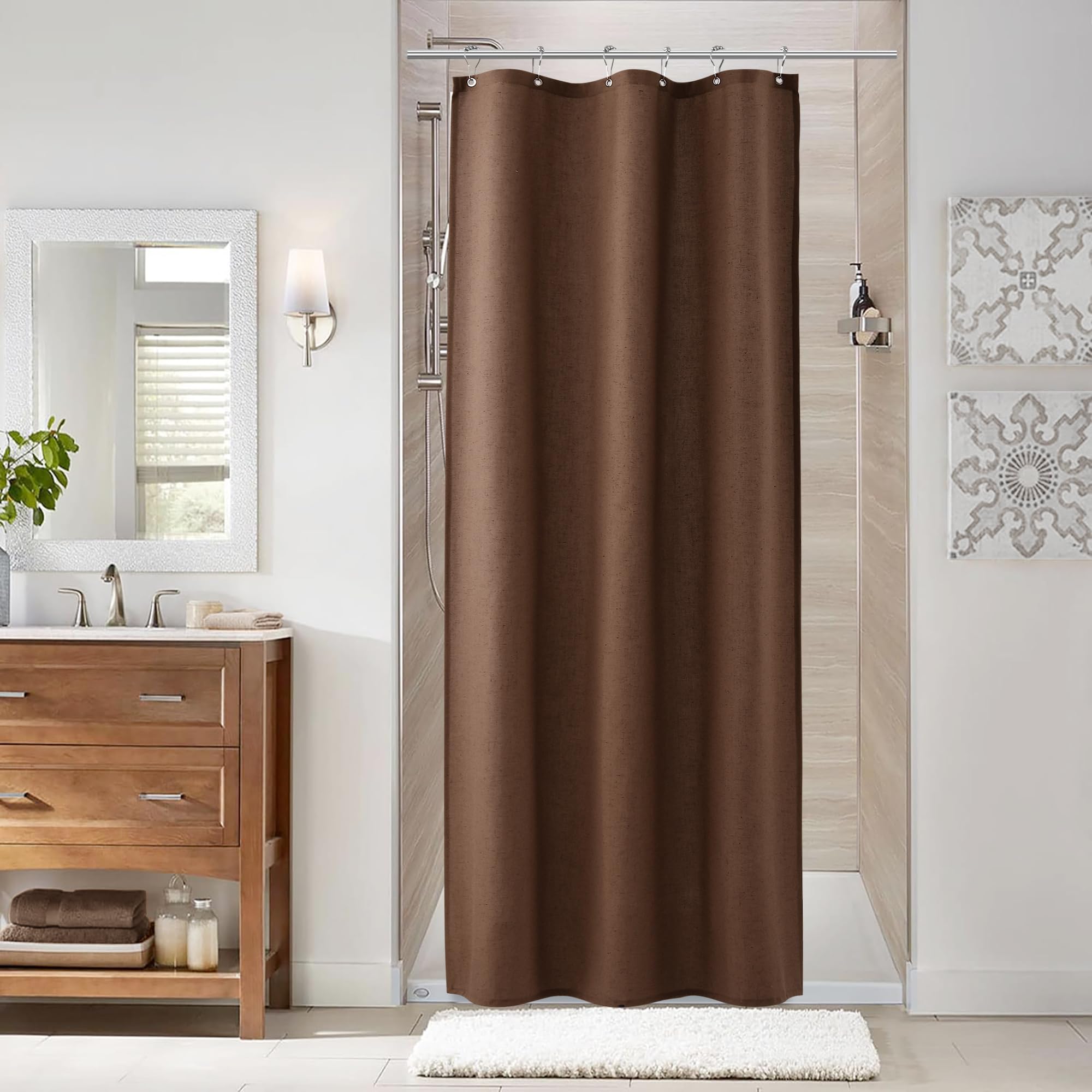 Naturoom Natural Linen Shower Curtain, Country Boho Farmhouse Bath Decor Beige Shower Curtains for Bathroom Neutral Cloth Weighted Textured Fabric Bath Curtain Liner with Hooks, Cream, 72 Inch