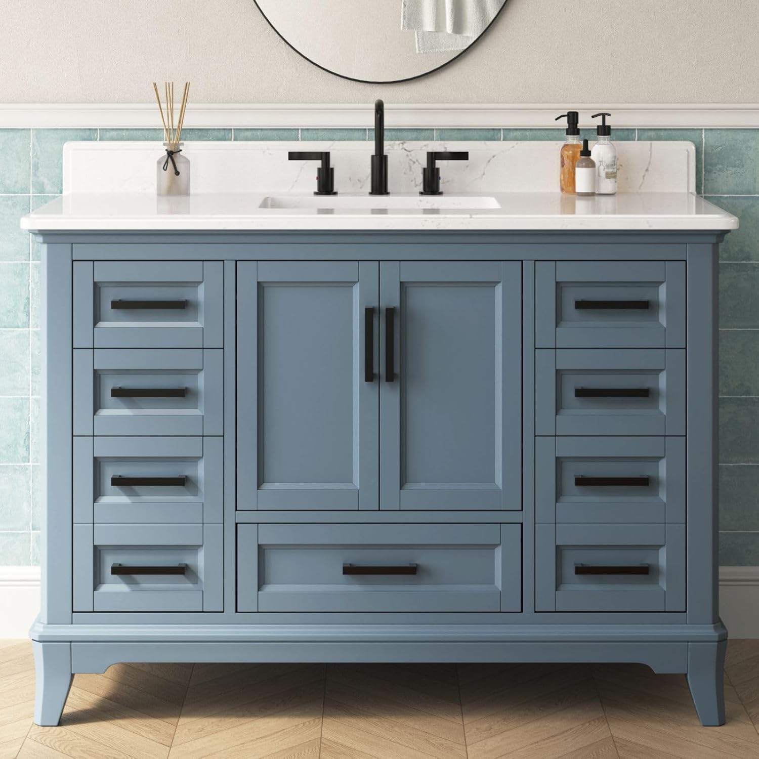 48 Inch Bathroom Vanity with Sink, Modern Steel Blue Bathroom Vanities with Soft Closing Doors & Dovetail Drawers, Quartz Countertop, No Assembly Required