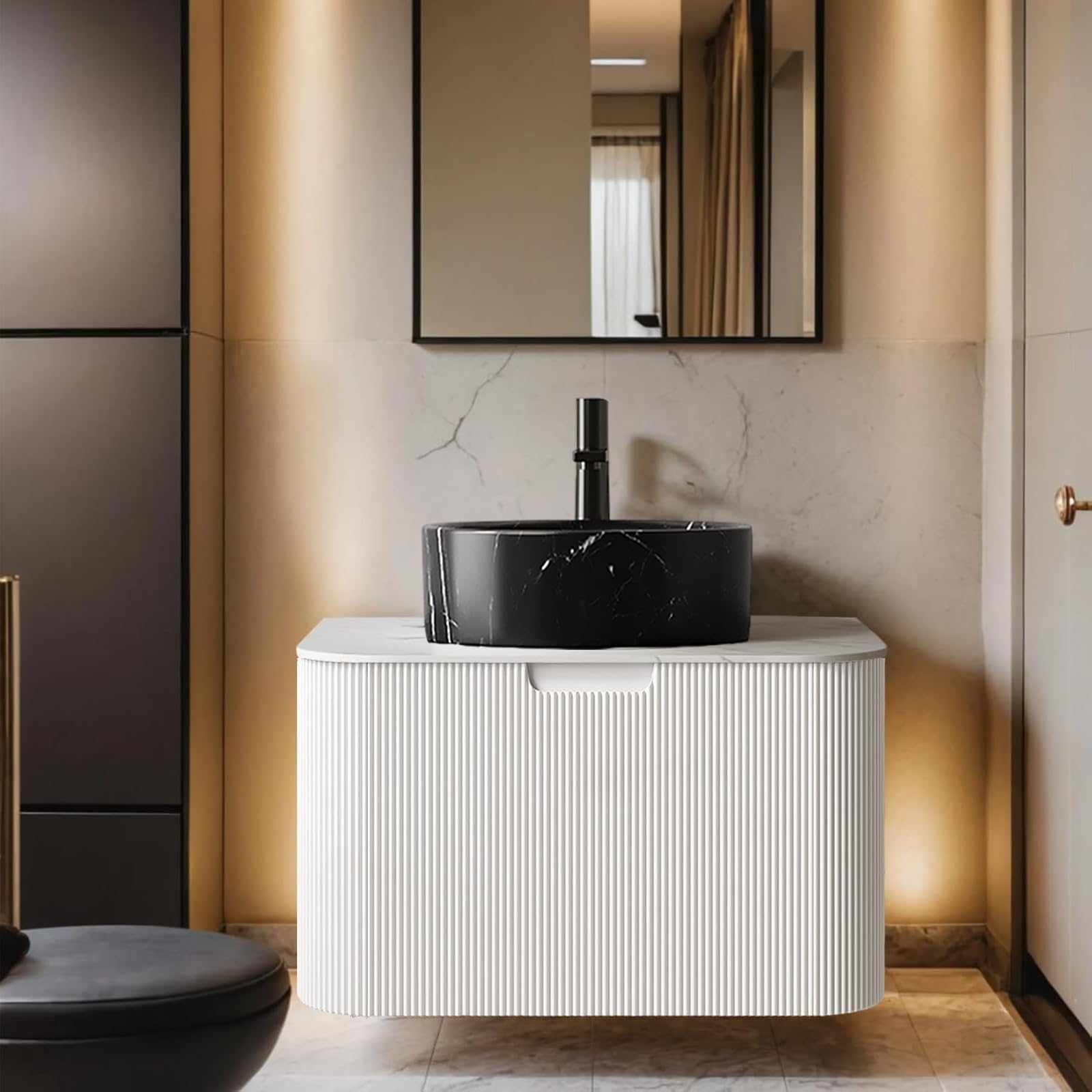24-Inch Modern Bathroom Vanity with Sink, Floating Cabinet with Ultra-Thin Ceramic Basin and Marble Top, Extra Large Storage Drawer, Soft-Close Design, Nature Wood