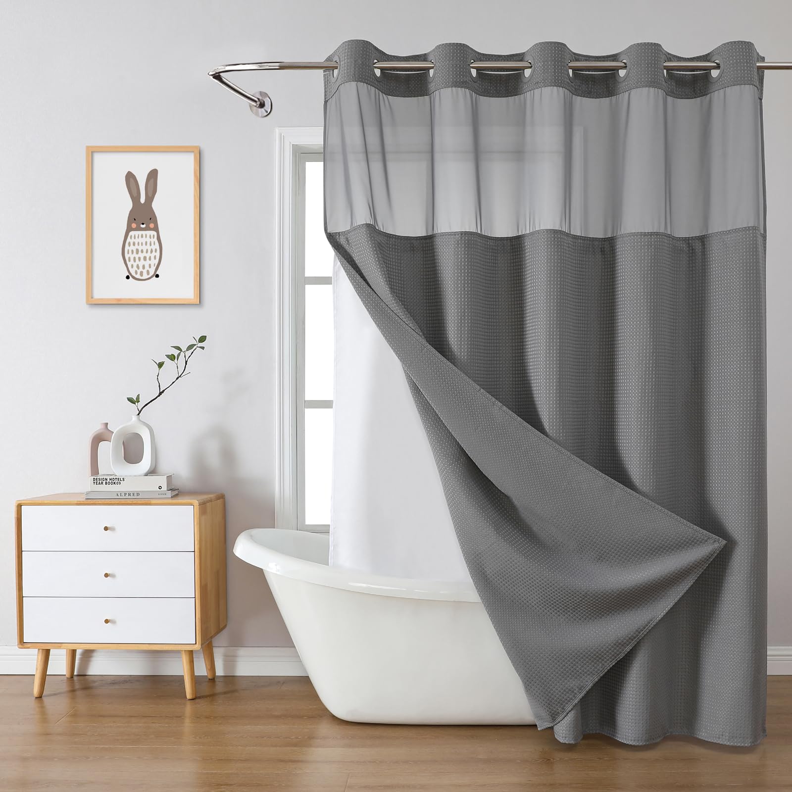 eachope BurntOrange Extra Long No Hook Waffle Weave Shower Curtain with snap-in Liner Replacement, 230GSM Waterproof Fabric Hotel Shower Curtain Set for Bathroom, Through Mesh Top Window,71Wx86H