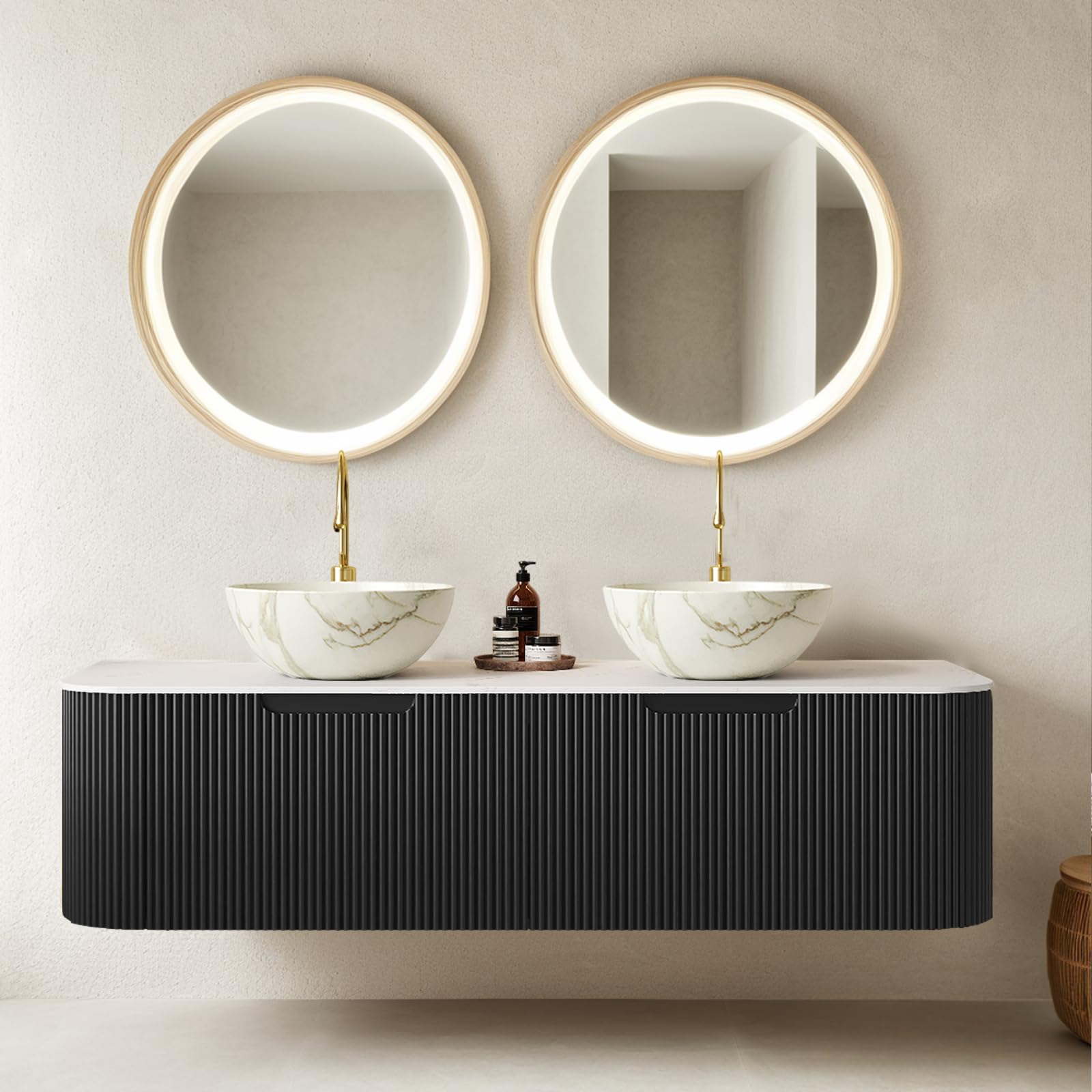 24-Inch Modern Bathroom Vanity with Sink, Floating Cabinet with Ultra-Thin Ceramic Basin and Marble Top, Extra Large Storage Drawer, Soft-Close Design, Nature Wood
