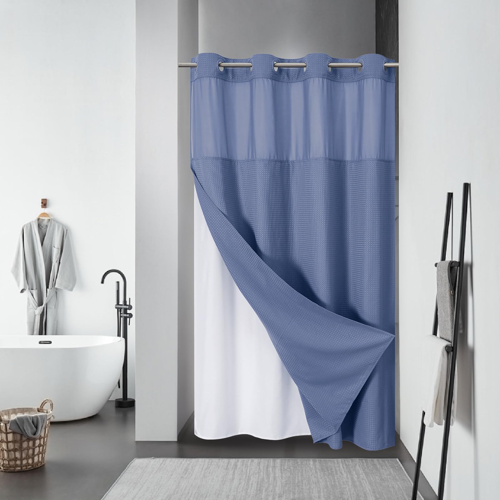eachope BurntOrange Extra Long No Hook Waffle Weave Shower Curtain with snap-in Liner Replacement, 230GSM Waterproof Fabric Hotel Shower Curtain Set for Bathroom, Through Mesh Top Window,71Wx86H